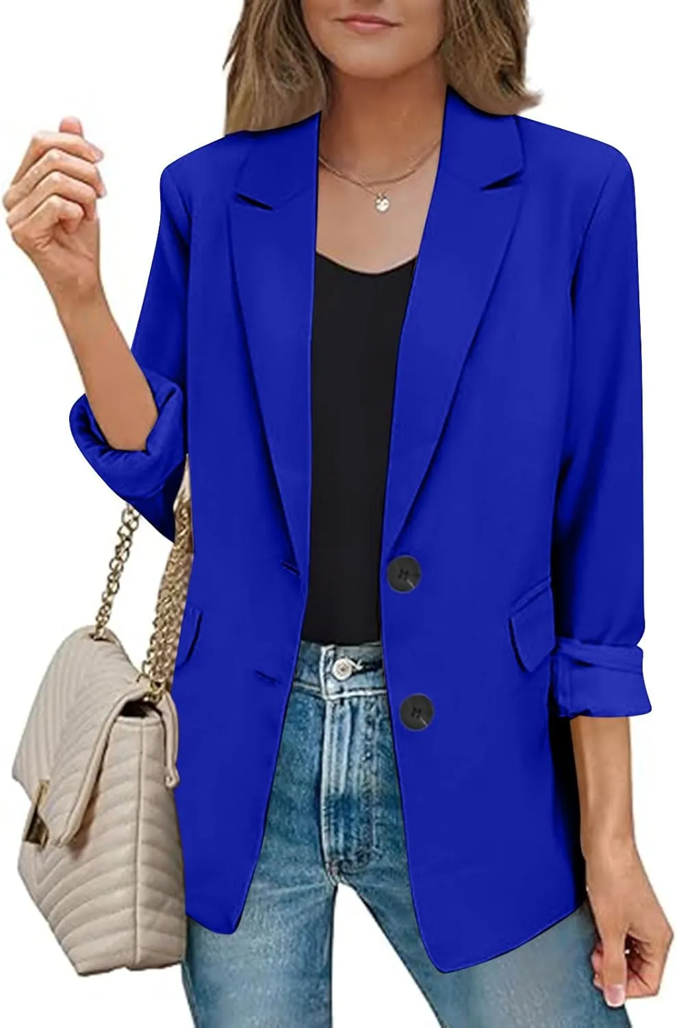 Casual Blazer Suit Jacket for Women 2025 Dressy Fall Tops Rollup Sleeve Open Front Button Work Office Blazers Outwear