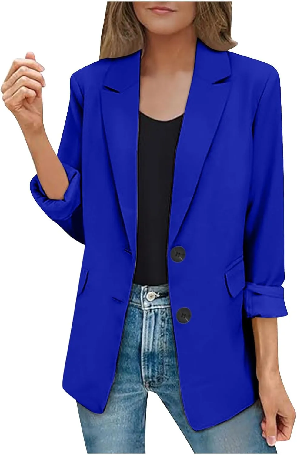 Casual Blazer Suit Jacket for Women 2025 Dressy Fall Tops Rollup Sleeve Open Front Button Work Office Blazers Outwear