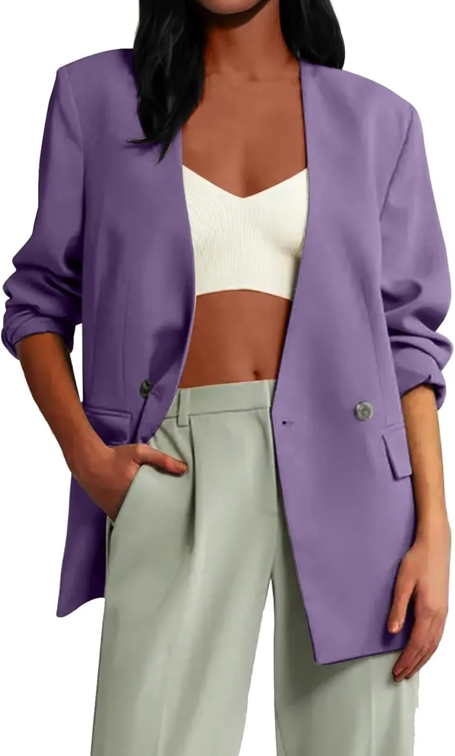 Casual Blazers for Women Business Texture Open Front Shoulder Drop Work Office Blazer Trendy Button Suit Jackets