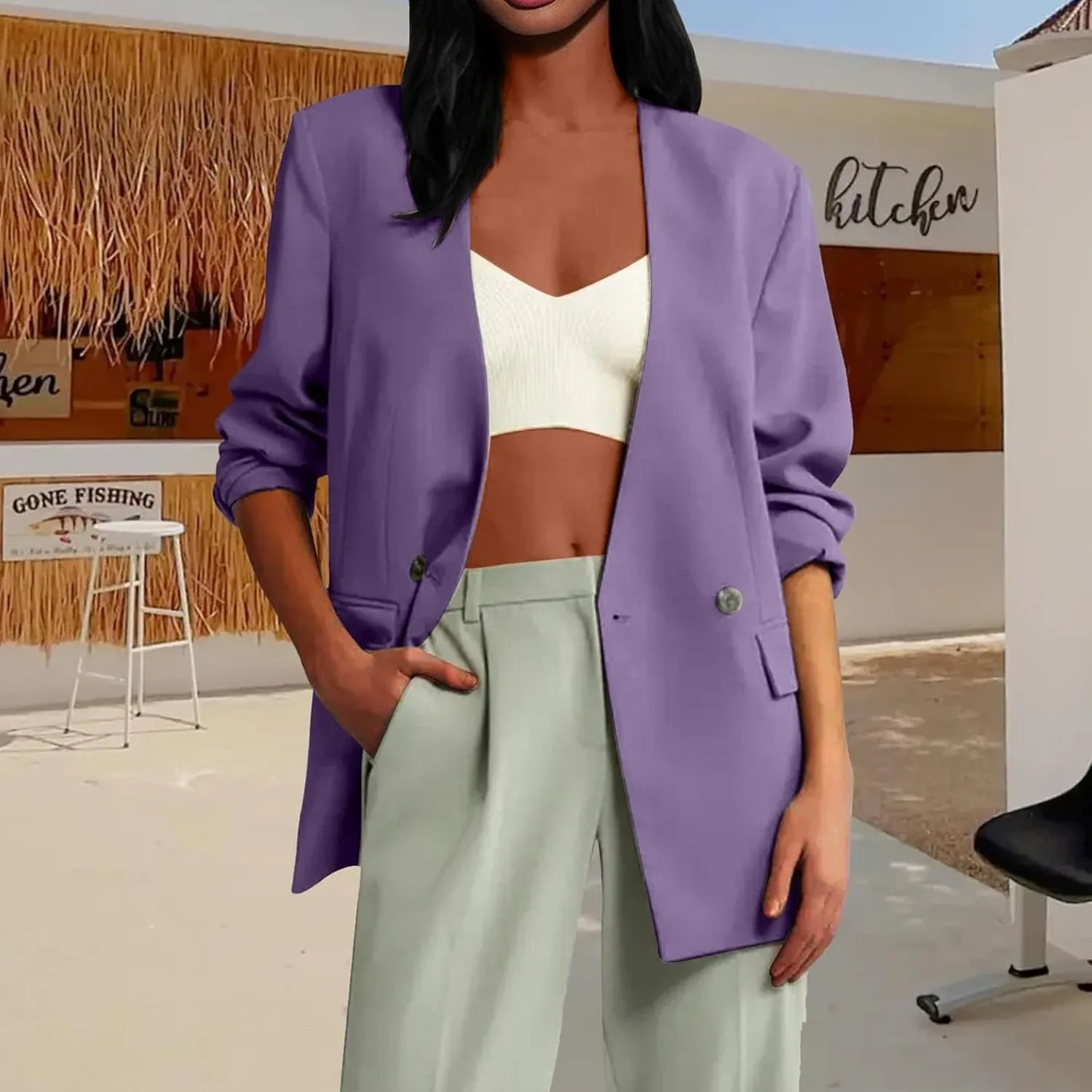 Casual Blazers for Women Business Texture Open Front Shoulder Drop Work Office Blazer Trendy Button Suit Jackets
