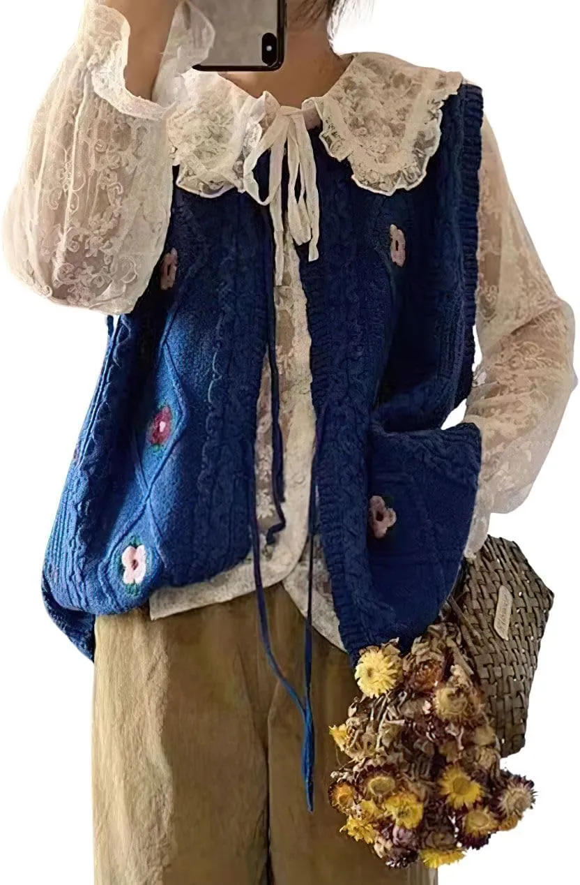 chouyatou Women's Vintage Flower Embroidered Lace Up Cable Knit Sleeveless Sweater Vest