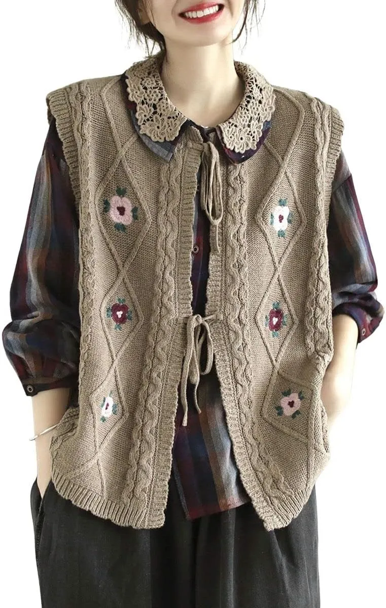 chouyatou Women's Vintage Flower Embroidered Lace Up Cable Knit Sleeveless Sweater Vest