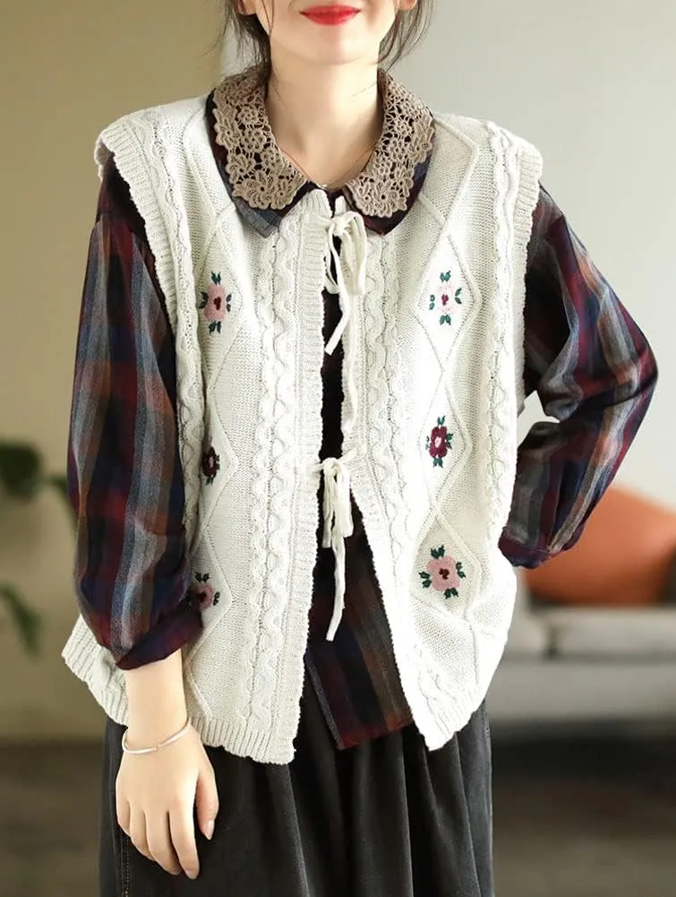 chouyatou Women's Vintage Flower Embroidered Lace Up Cable Knit Sleeveless Sweater Vest
