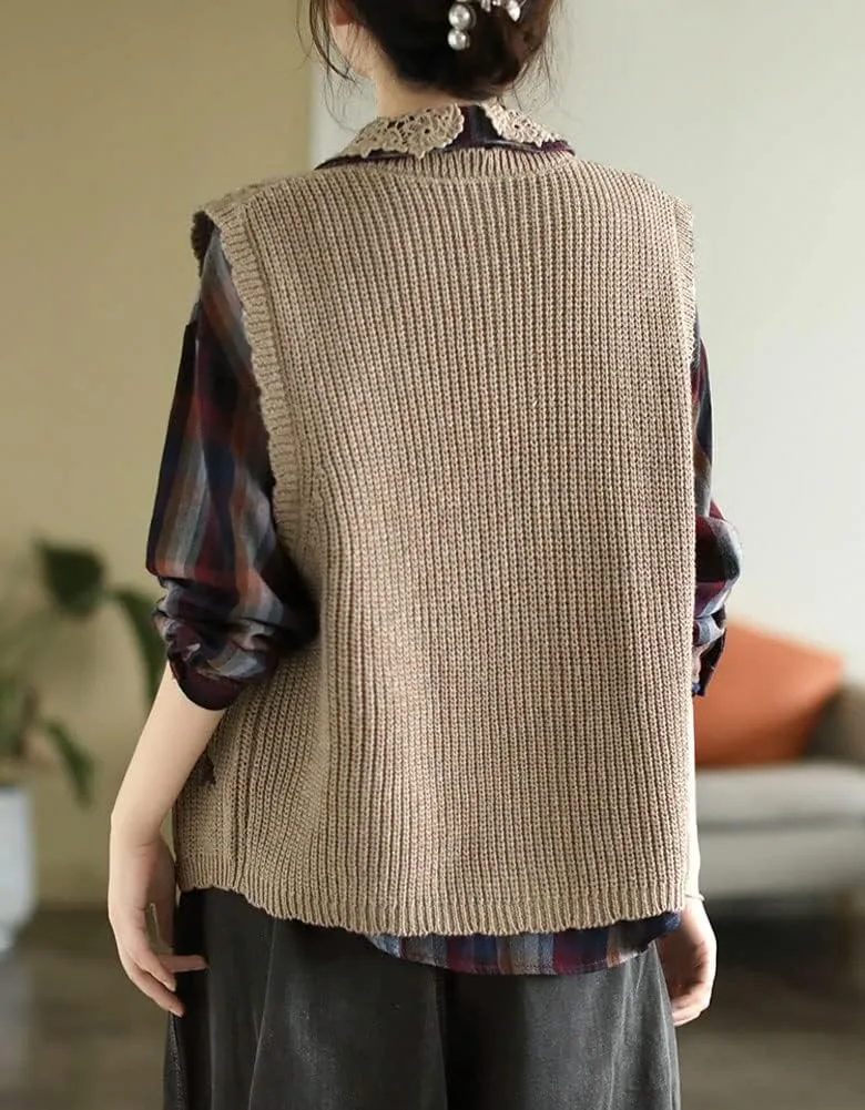 chouyatou Women's Vintage Flower Embroidered Lace Up Cable Knit Sleeveless Sweater Vest