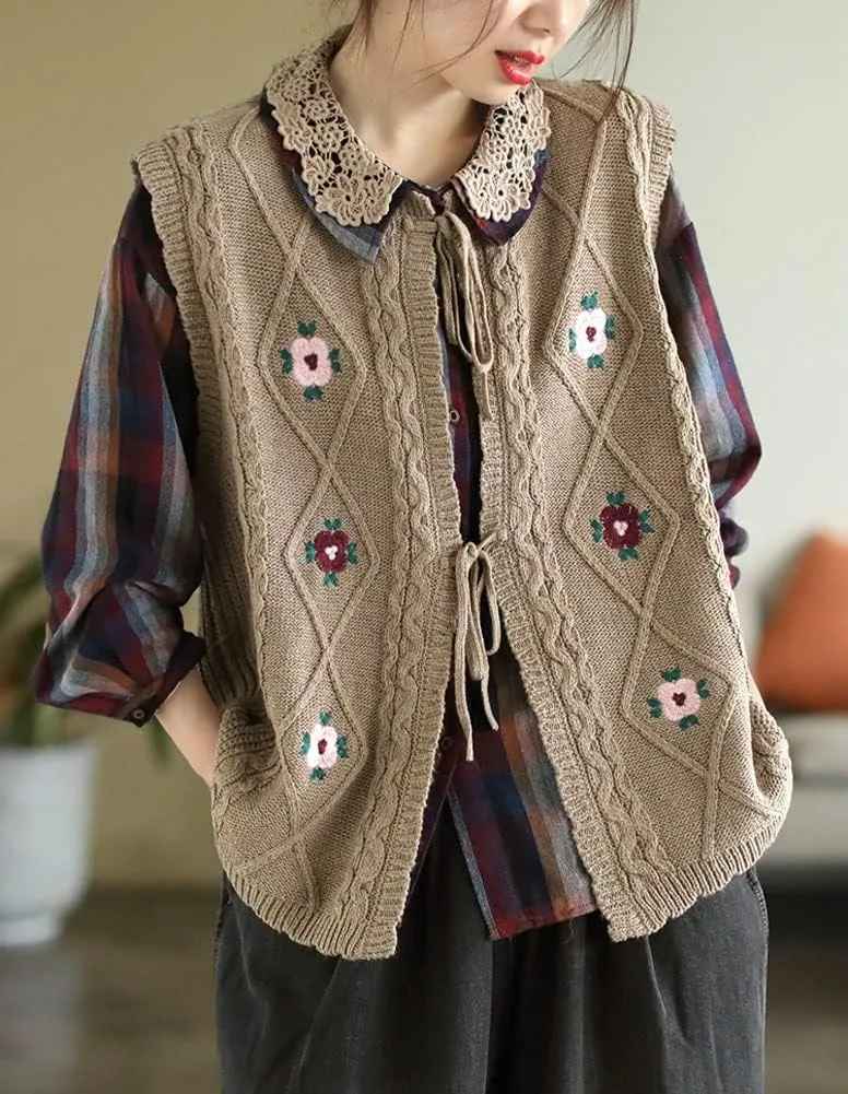 chouyatou Women's Vintage Flower Embroidered Lace Up Cable Knit Sleeveless Sweater Vest