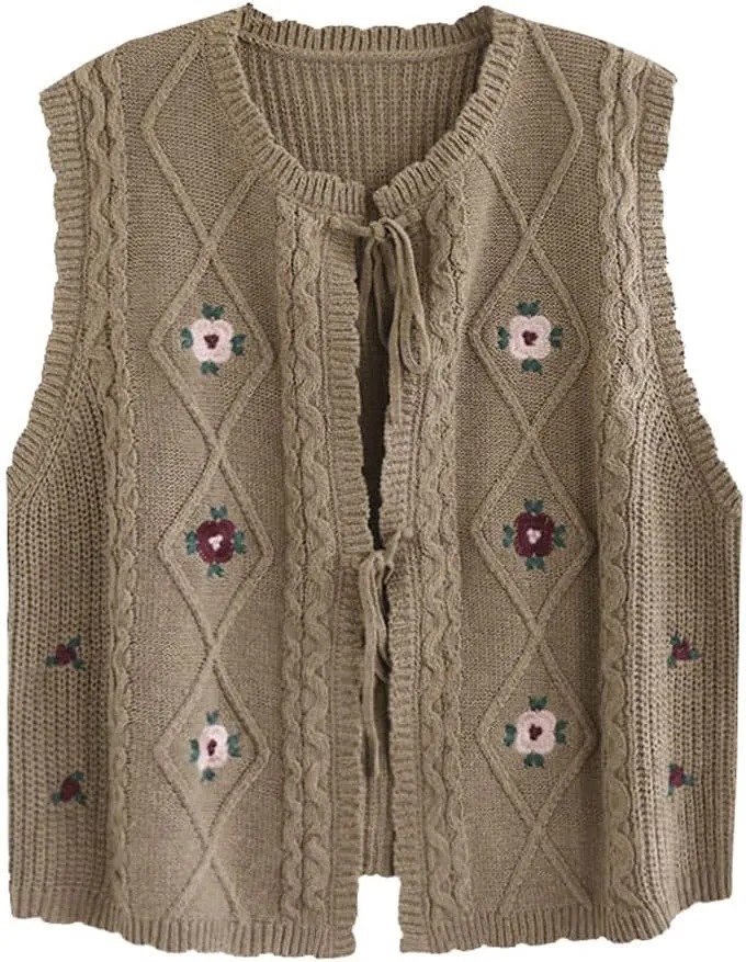 chouyatou Women's Vintage Flower Embroidered Lace Up Cable Knit Sleeveless Sweater Vest
