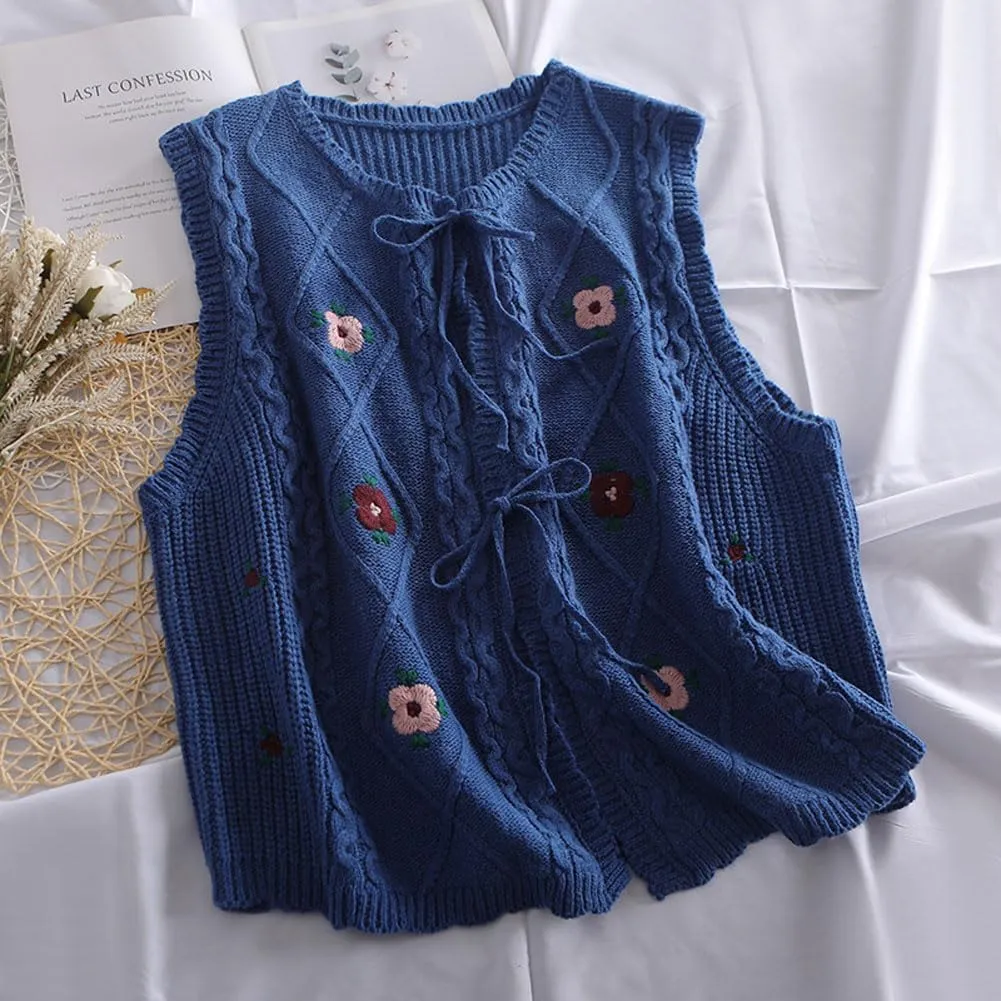 chouyatou Women's Vintage Flower Embroidered Lace Up Cable Knit Sleeveless Sweater Vest
