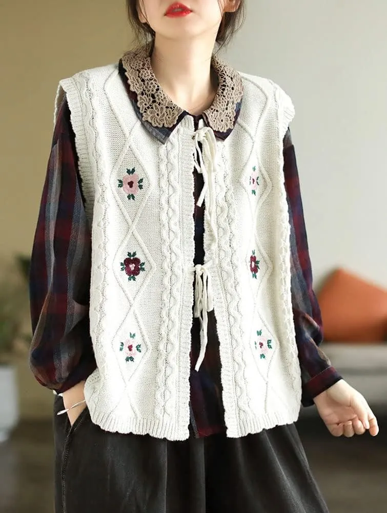 chouyatou Women's Vintage Flower Embroidered Lace Up Cable Knit Sleeveless Sweater Vest