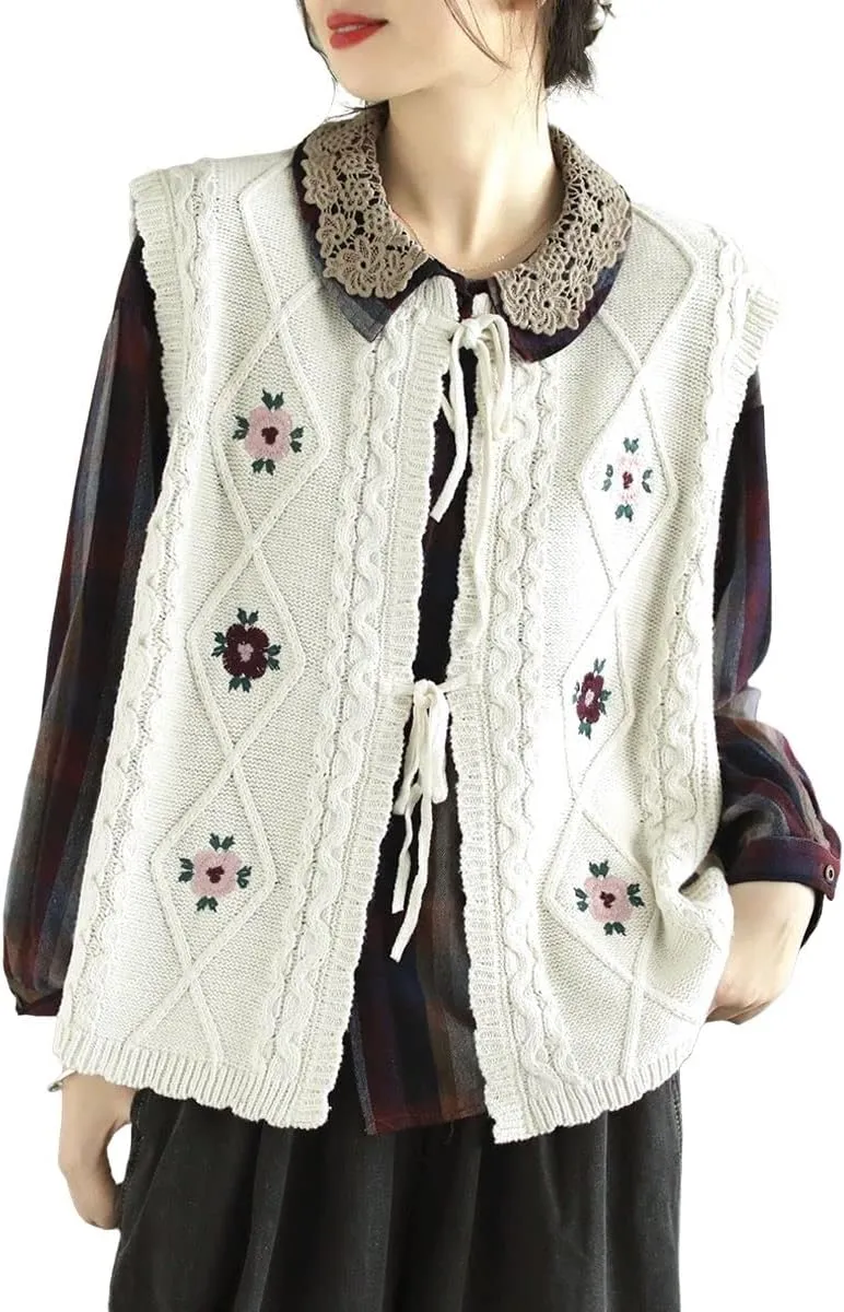 chouyatou Women's Vintage Flower Embroidered Lace Up Cable Knit Sleeveless Sweater Vest