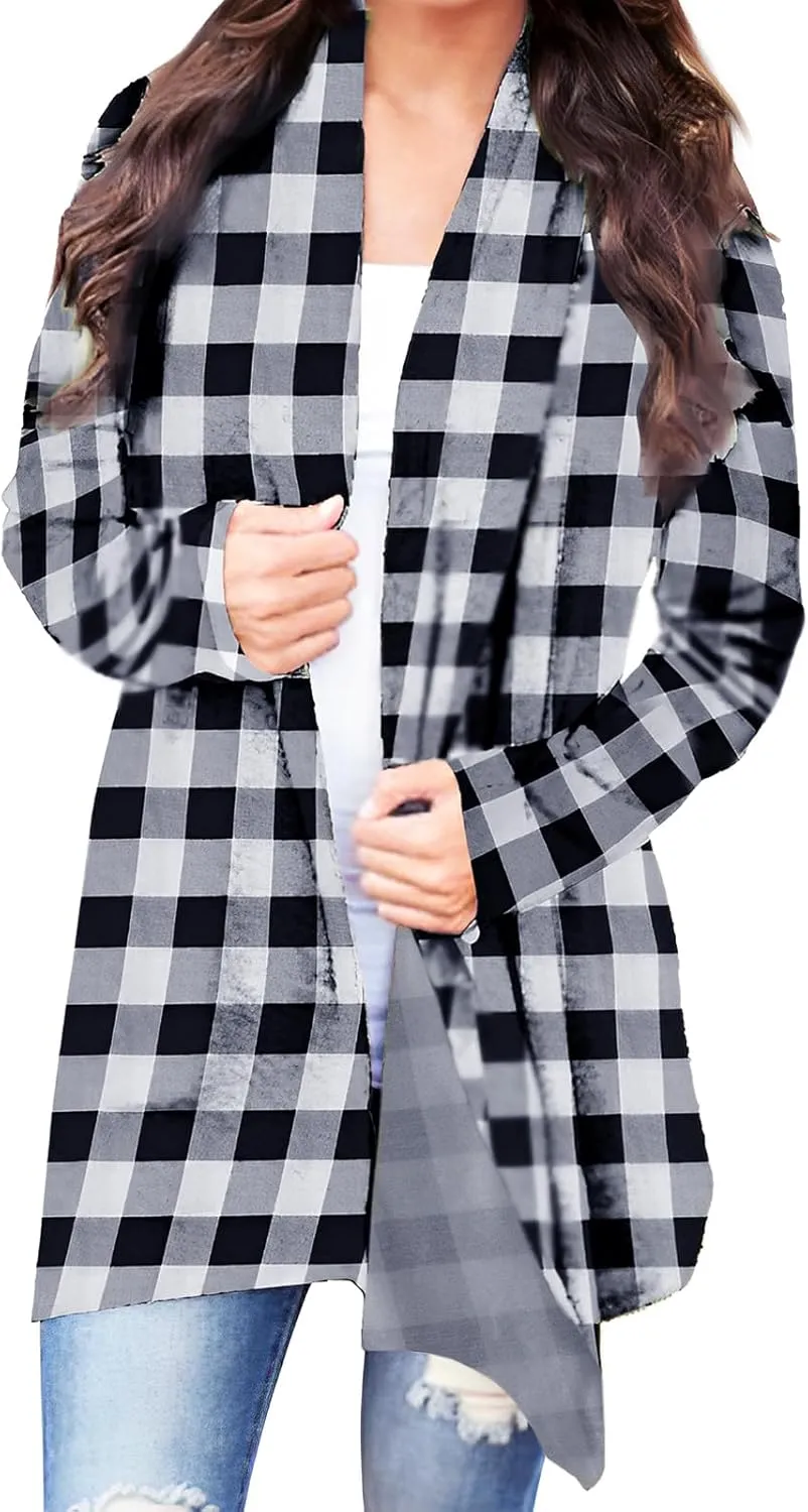 Christmas Cardigan Sweaters for Women Xmas Tree Red Plaid Knitting Open Front Cardigans Holiday Long Sleeve Top