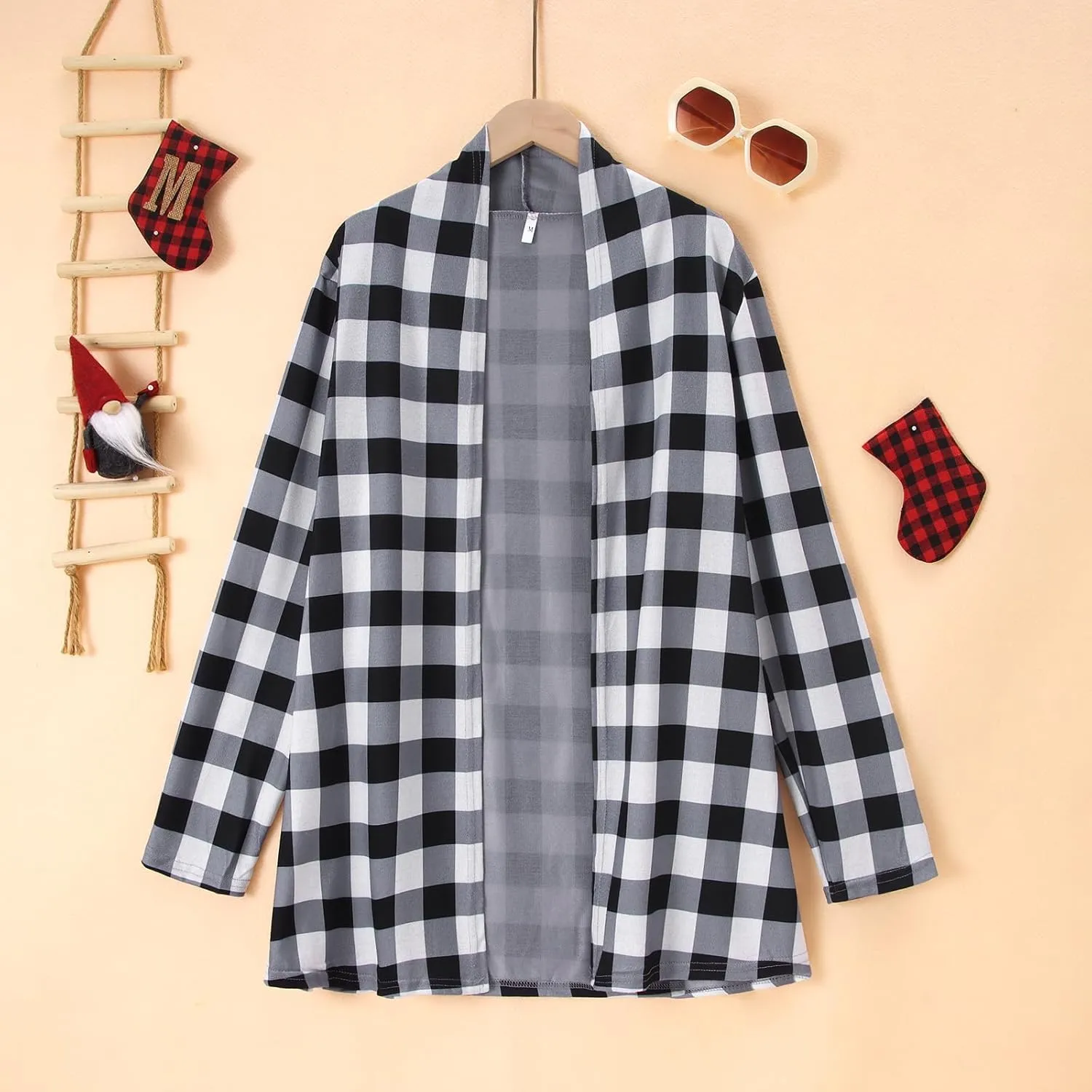 Christmas Cardigan Sweaters for Women Xmas Tree Red Plaid Knitting Open Front Cardigans Holiday Long Sleeve Top
