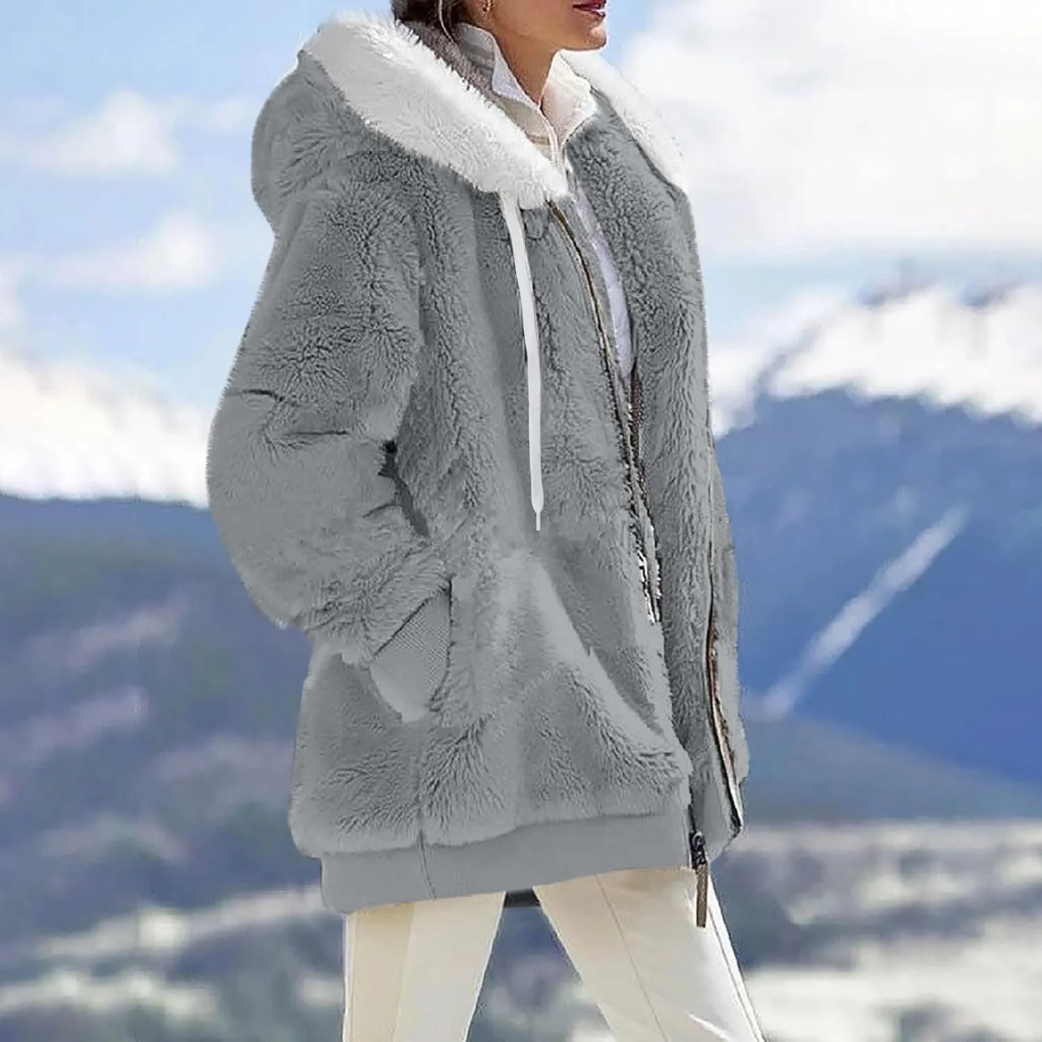 GOFULY Winter Jackets For Women Baggy Plush Coats Warm Full Zip Sherpa Cardigan Warm Patchwork Outerwear With Pockets