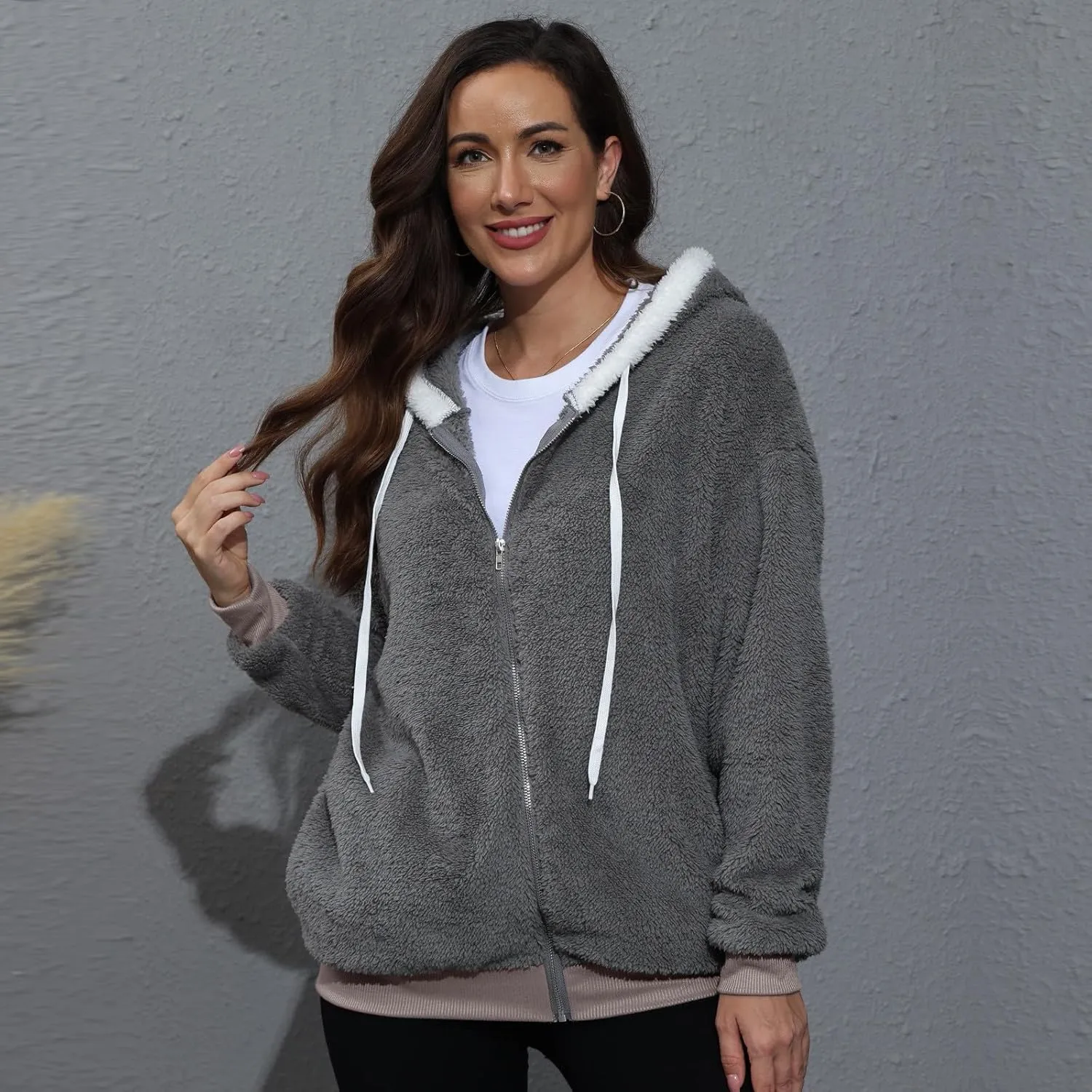 GOFULY Winter Jackets For Women Baggy Plush Coats Warm Full Zip Sherpa Cardigan Warm Patchwork Outerwear With Pockets