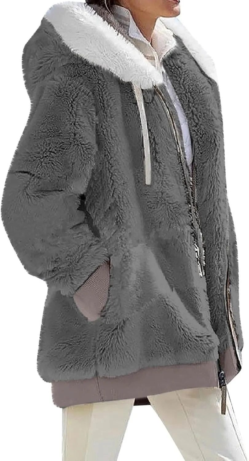 GOFULY Winter Jackets For Women Baggy Plush Coats Warm Full Zip Sherpa Cardigan Warm Patchwork Outerwear With Pockets