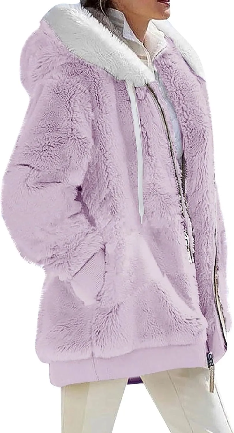 GOFULY Winter Jackets For Women Baggy Plush Coats Warm Full Zip Sherpa Cardigan Warm Patchwork Outerwear With Pockets