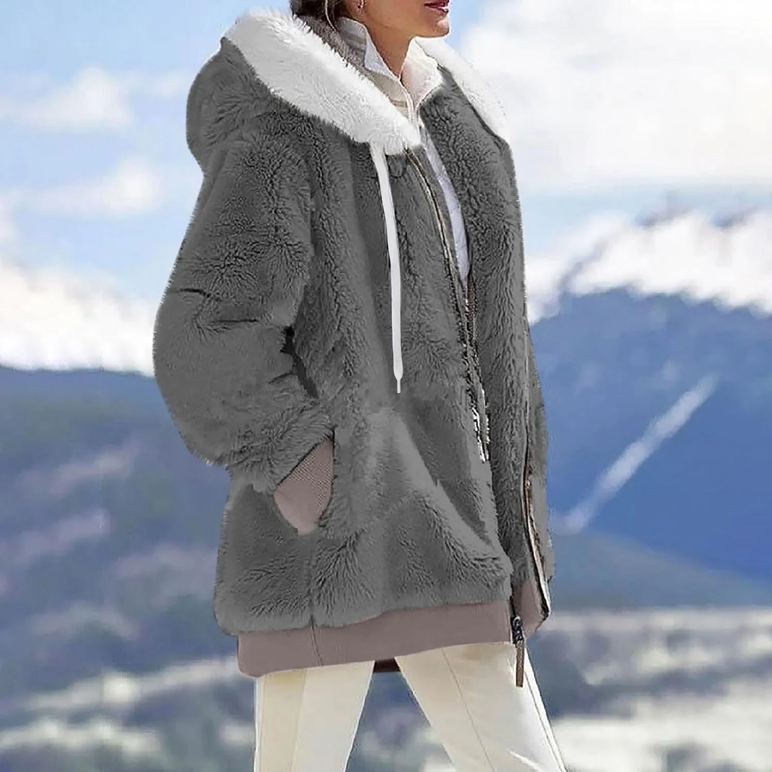 GOFULY Winter Jackets For Women Baggy Plush Coats Warm Full Zip Sherpa Cardigan Warm Patchwork Outerwear With Pockets