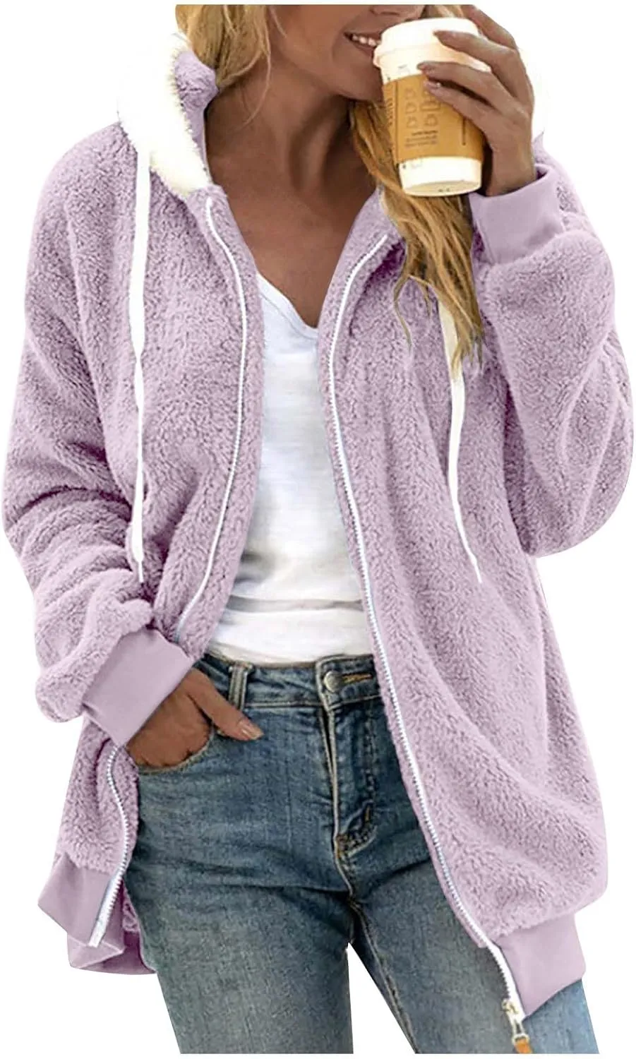 GOFULY Winter Jackets For Women Baggy Plush Coats Warm Full Zip Sherpa Cardigan Warm Patchwork Outerwear With Pockets