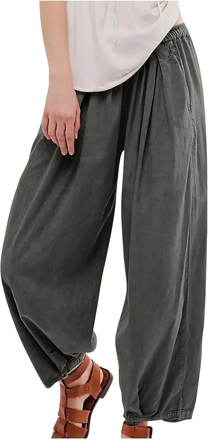 Lmdudan 2025 Womens Linen Wide Leg Pants Casual Loose Low Waist Beach Palazzo Pant Lightweight Comfy Trousers with Pockets