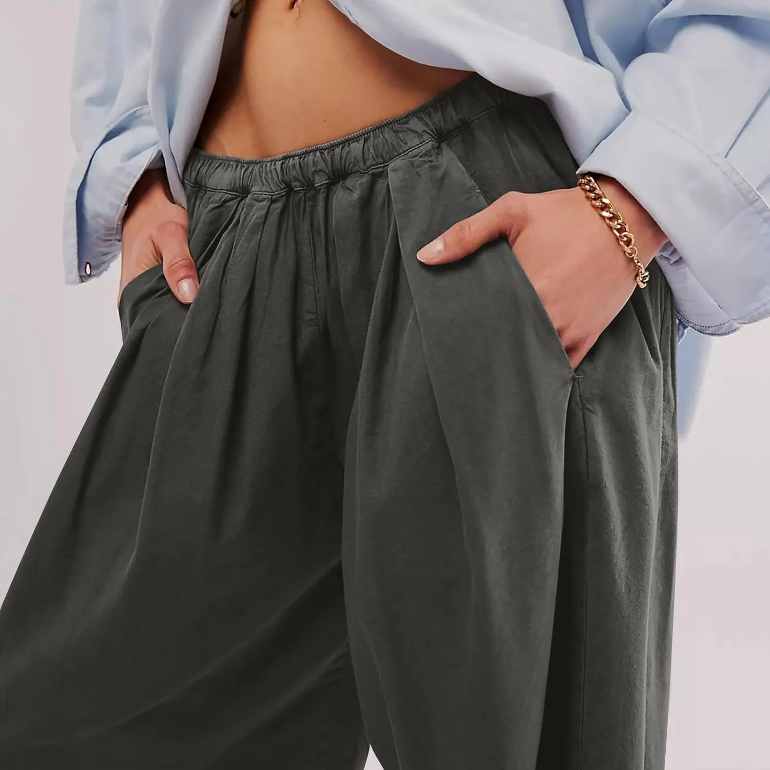 Lmdudan 2025 Womens Linen Wide Leg Pants Casual Loose Low Waist Beach Palazzo Pant Lightweight Comfy Trousers with Pockets