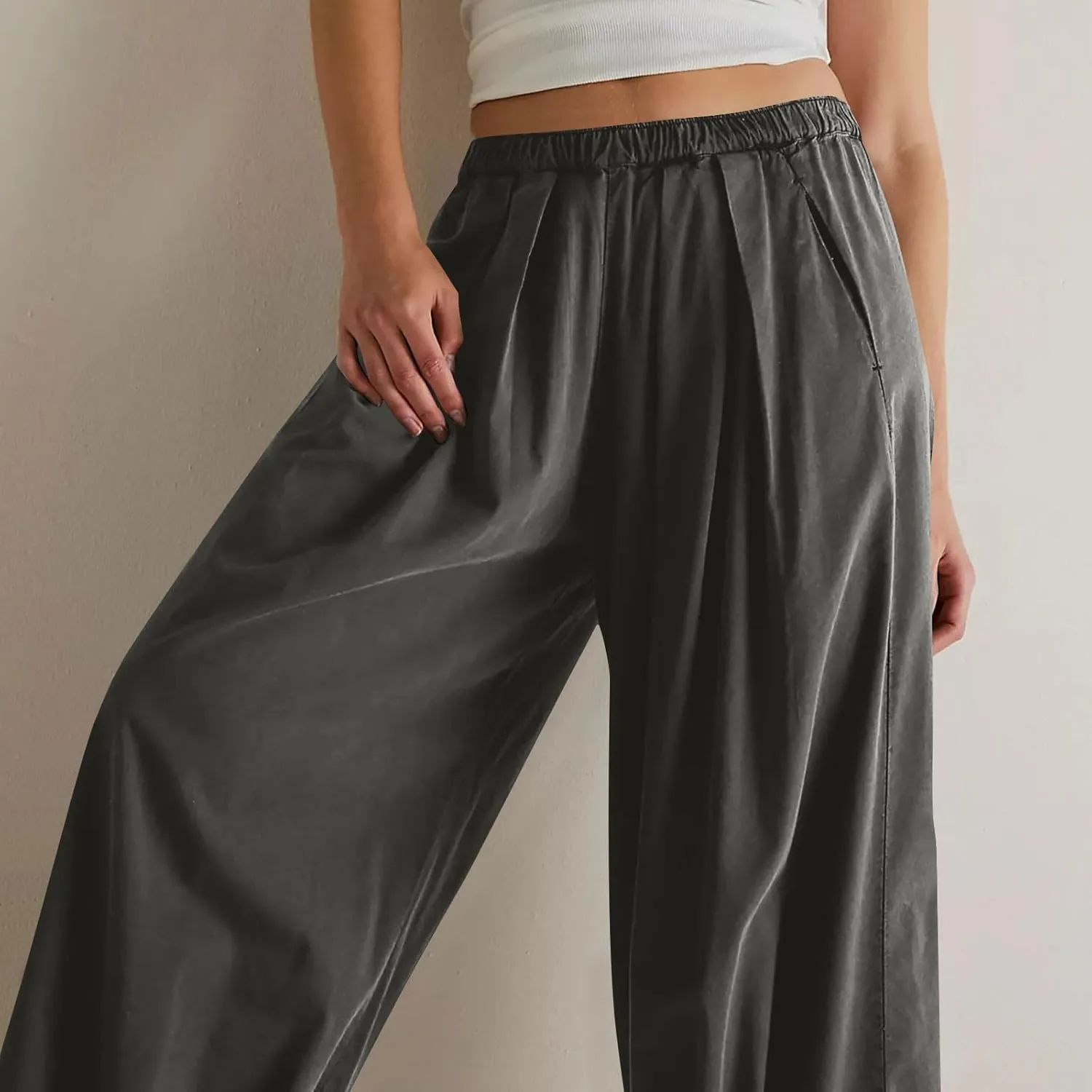 Lmdudan 2025 Womens Linen Wide Leg Pants Casual Loose Low Waist Beach Palazzo Pant Lightweight Comfy Trousers with Pockets