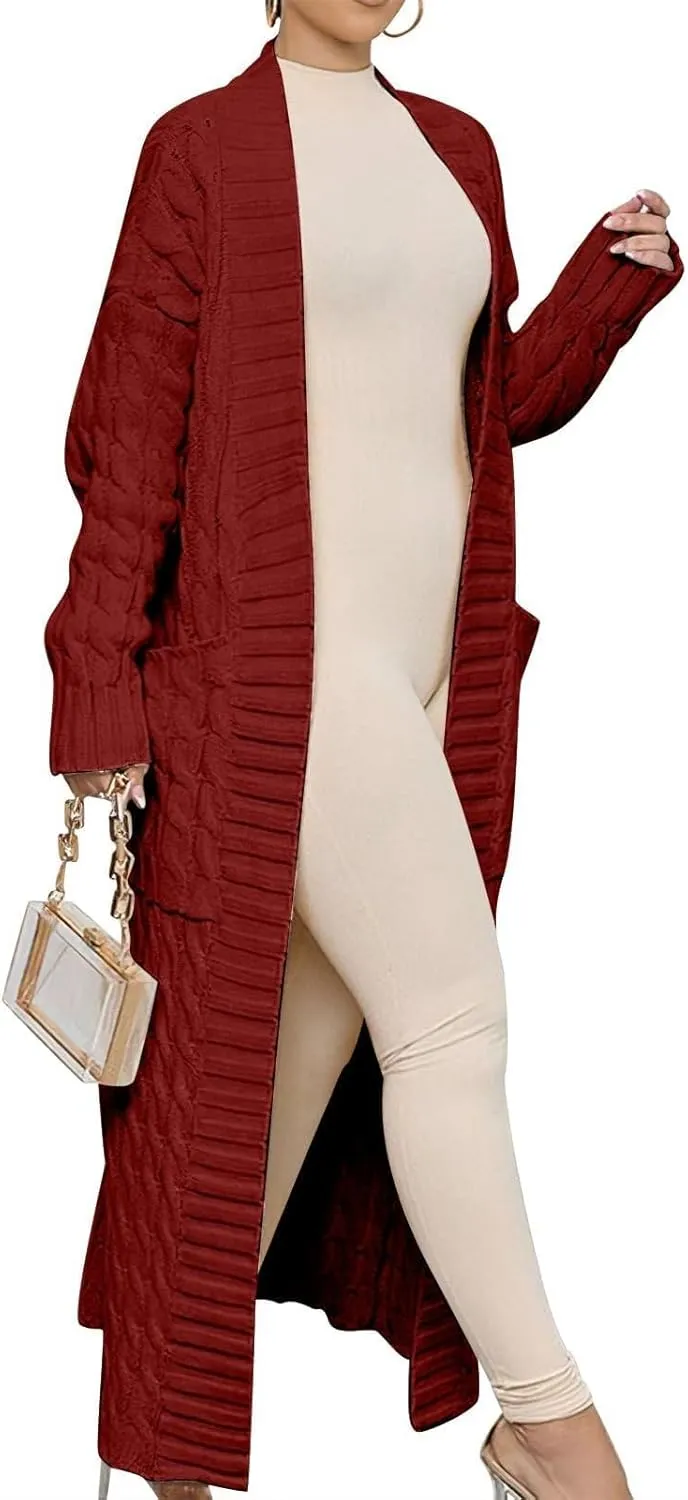 Long Open Front Cardigan for Women Cable Knit Sweaters Soft Warm Chunky Sweater Coats for Daily Casual Wear