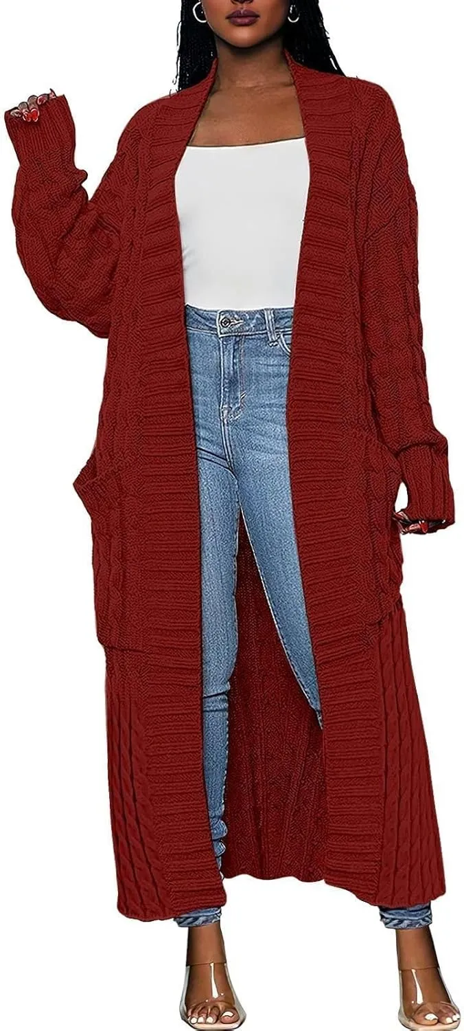 Long Open Front Cardigan for Women Cable Knit Sweaters Soft Warm Chunky Sweater Coats for Daily Casual Wear