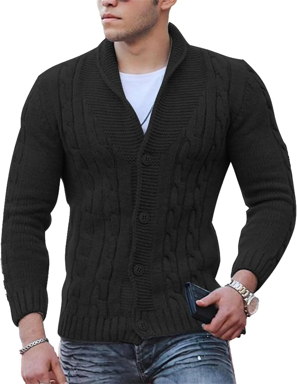 Maiyifu-GJ Men's Slim Shawl Collar Cardigan Sweater Button Down Cable Knit Sweaters Casual Coat with Pockets
