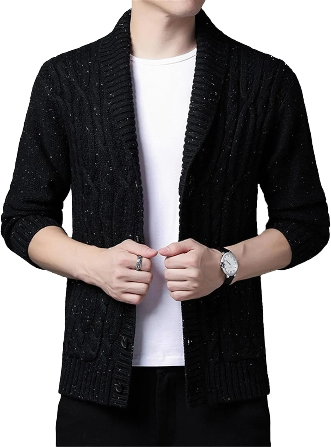 Maiyifu-GJ Men's Slim Shawl Collar Cardigan Sweater Button Down Cable Knit Sweaters Casual Coat with Pockets