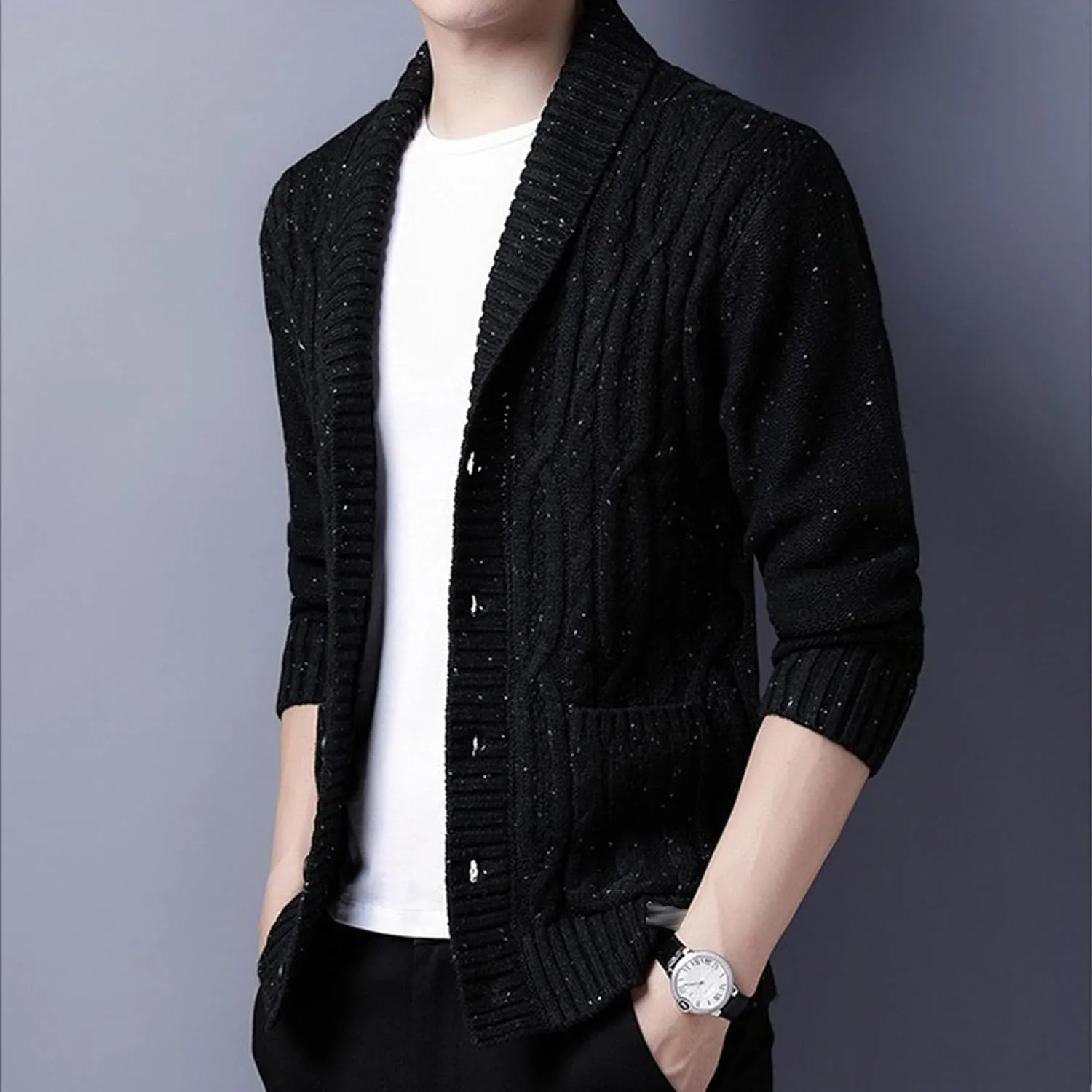 Maiyifu-GJ Men's Slim Shawl Collar Cardigan Sweater Button Down Cable Knit Sweaters Casual Coat with Pockets
