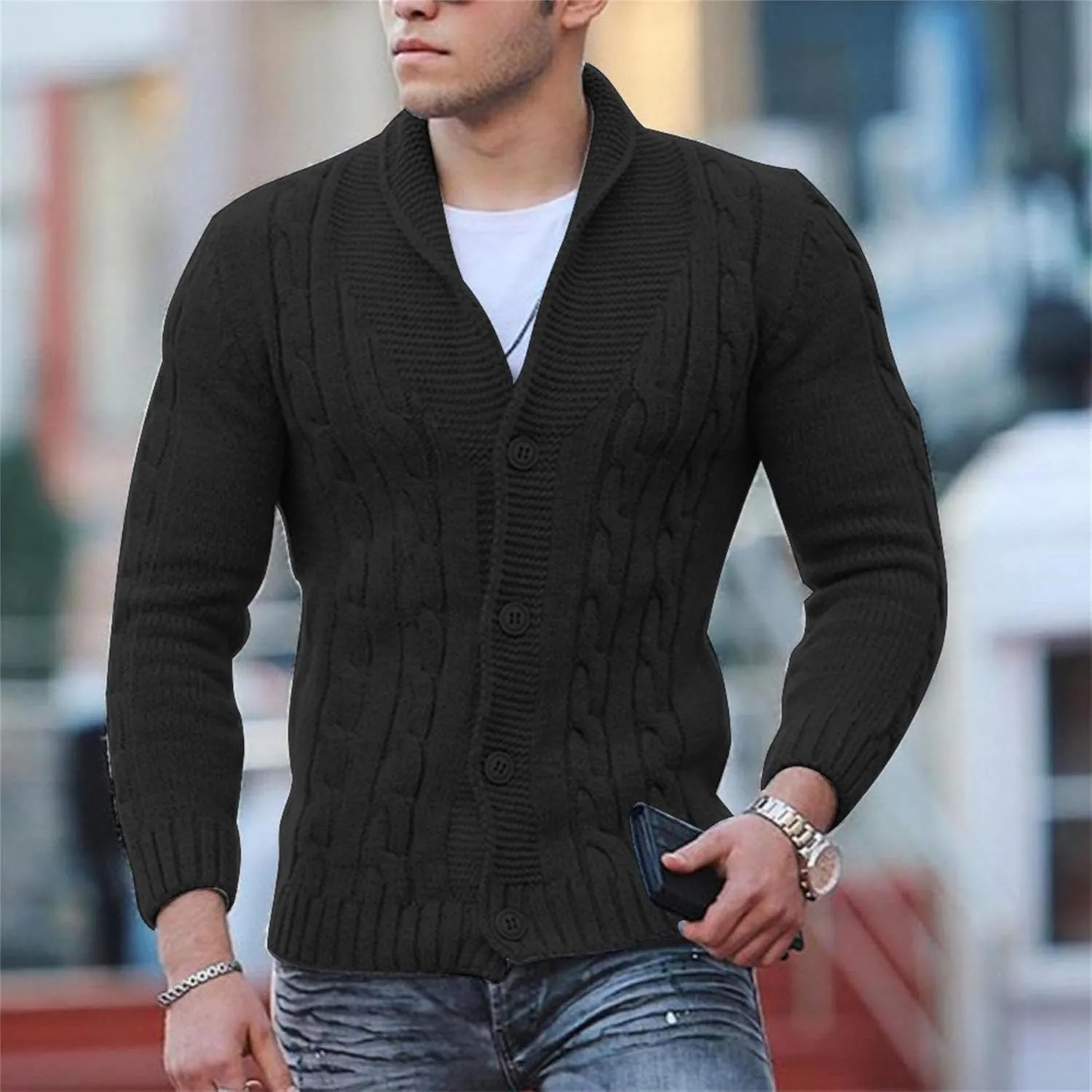 Maiyifu-GJ Men's Slim Shawl Collar Cardigan Sweater Button Down Cable Knit Sweaters Casual Coat with Pockets