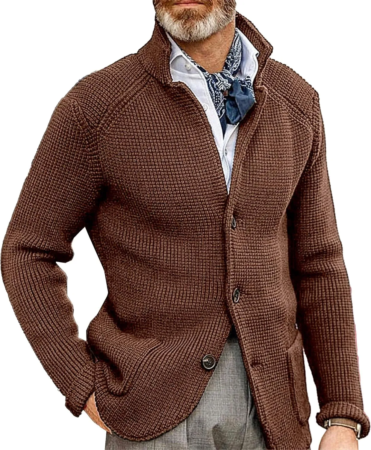 Men's Cardigan Sweater Slim Fit Stand Collar Cardigan Outerwear Casual Knitted Button Down Sweater with Pockets