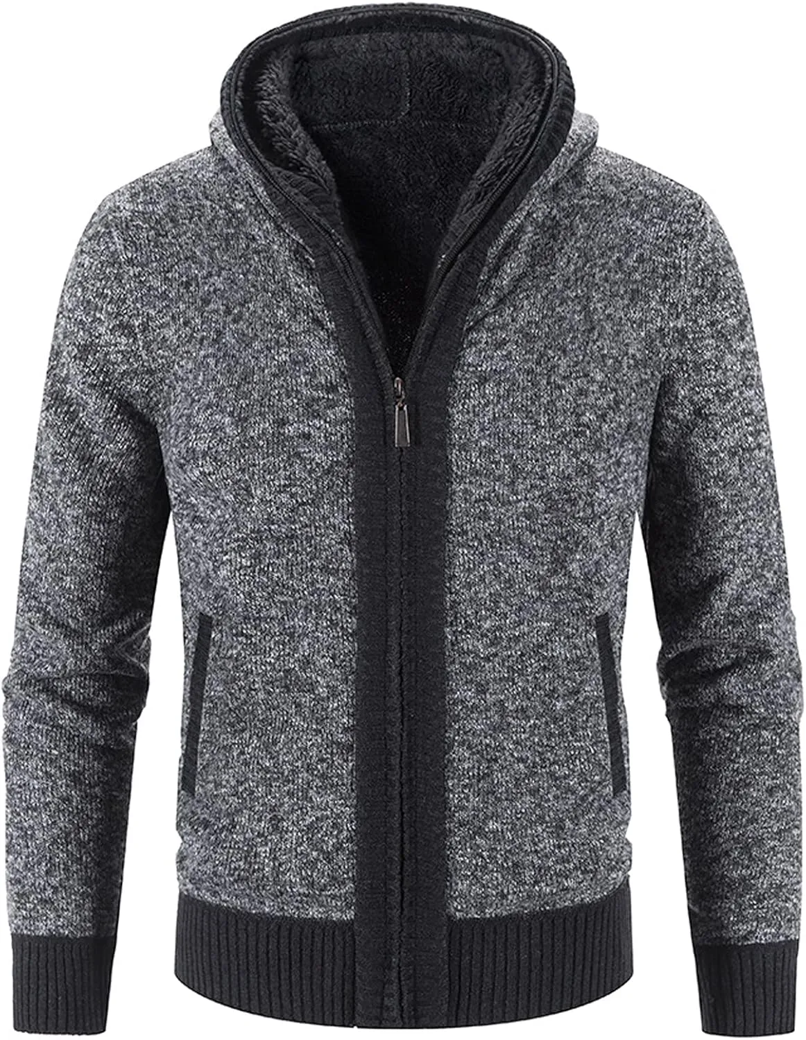 Mens Fleece Lined Cable Knit Cardigan Sweaters with Hood Slim Fit Zip Up Hooded Sweatshirts Casual Long Sleeve Jumper