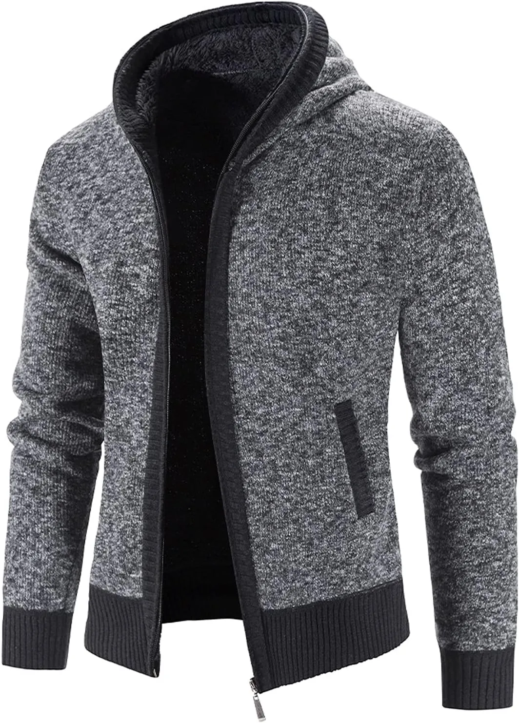 Mens Fleece Lined Cable Knit Cardigan Sweaters with Hood Slim Fit Zip Up Hooded Sweatshirts Casual Long Sleeve Jumper