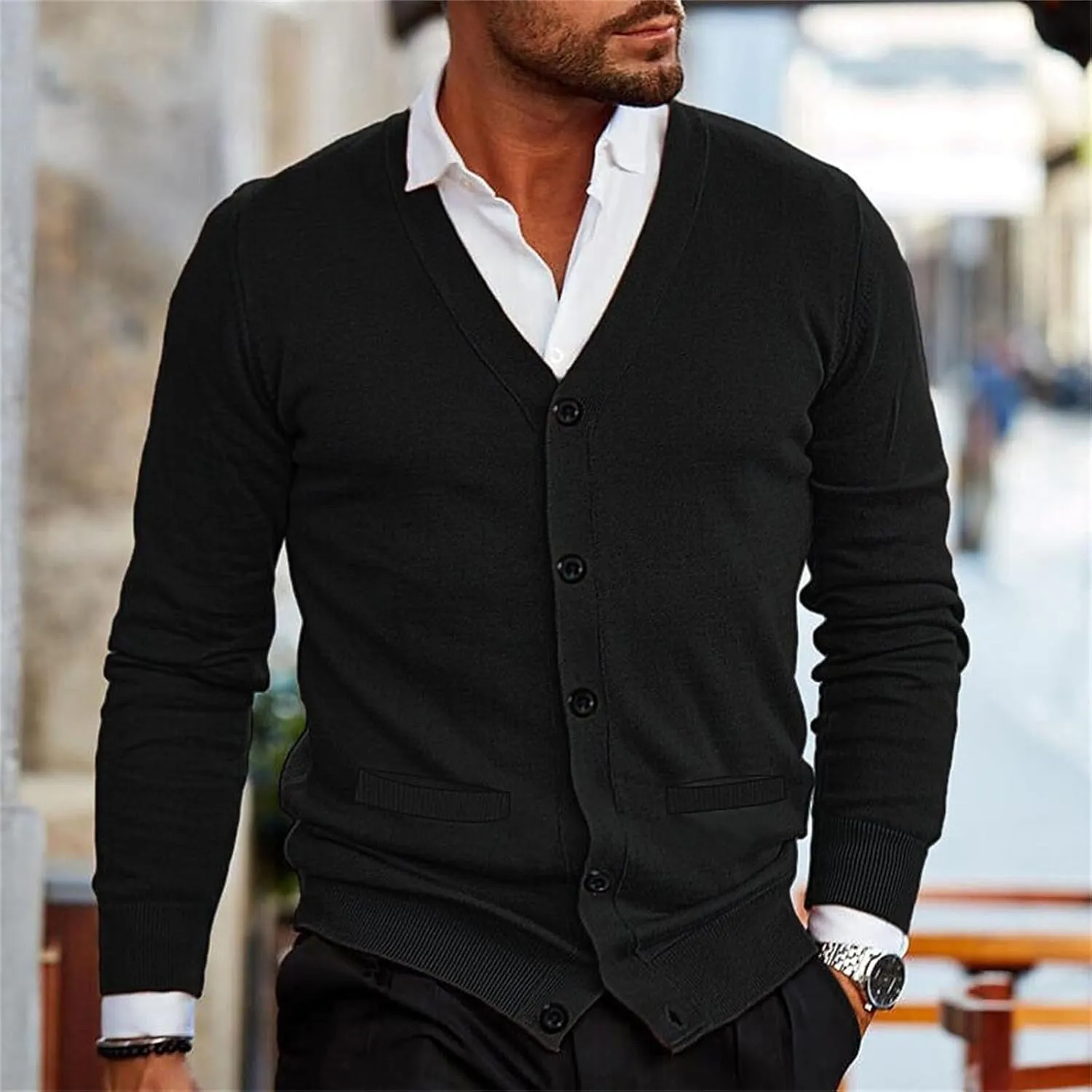 Mens Loose Button Up Knit Cardigan Soft Lightweight V-Neck Long Sleeve Sweater Basic Designed Knitted Outwear