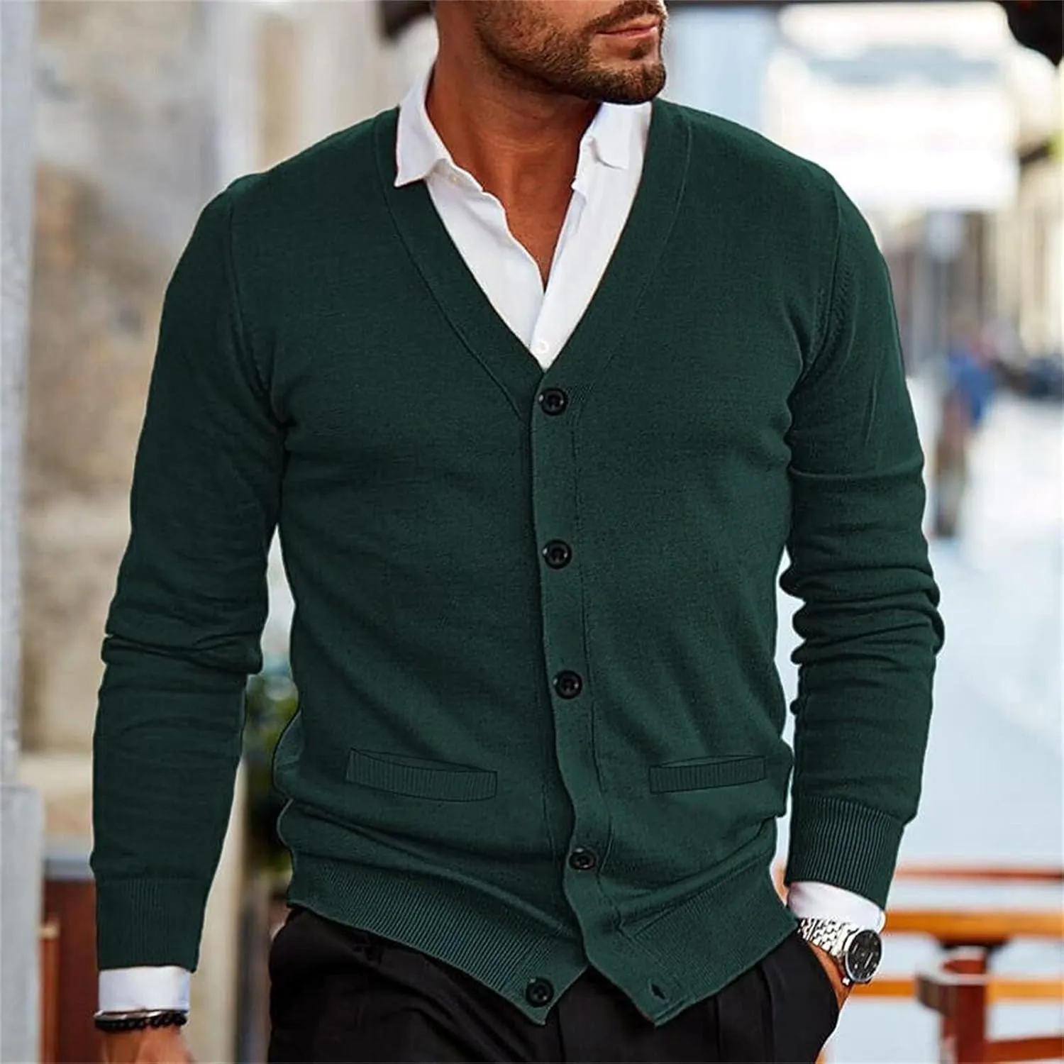 Mens Loose Button Up Knit Cardigan Soft Lightweight V-Neck Long Sleeve Sweater Basic Designed Knitted Outwear