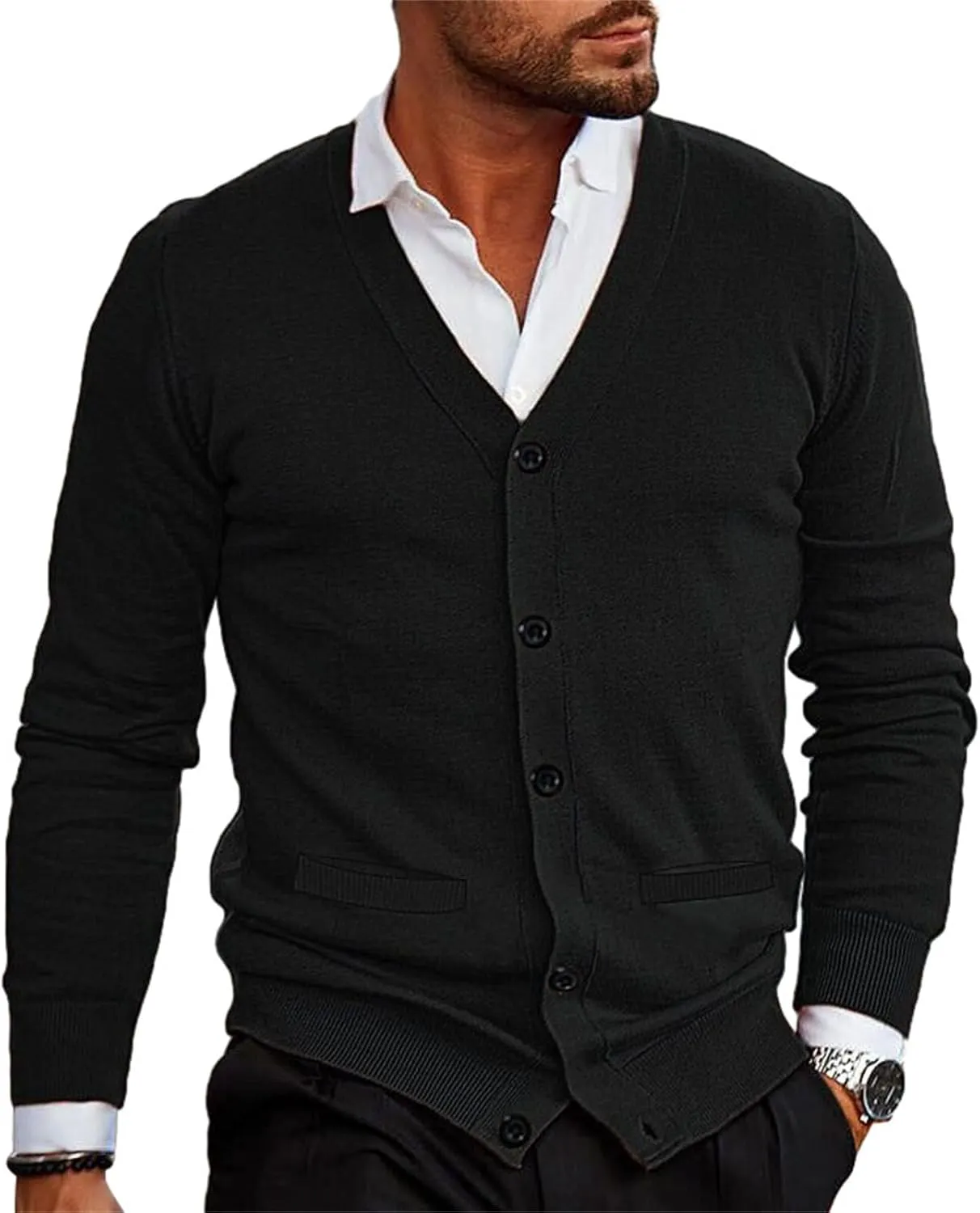 Mens Loose Button Up Knit Cardigan Soft Lightweight V-Neck Long Sleeve Sweater Basic Designed Knitted Outwear