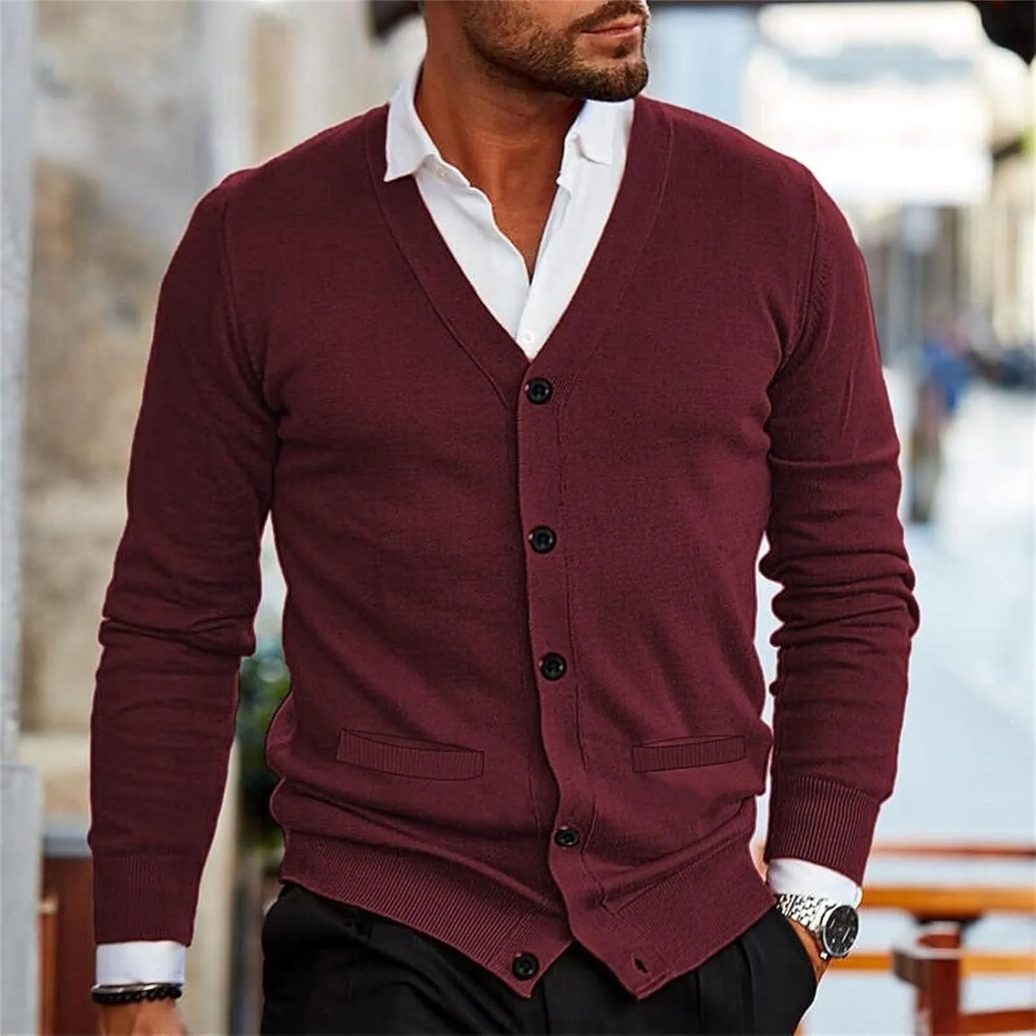 Mens Loose Button Up Knit Cardigan Soft Lightweight V-Neck Long Sleeve Sweater Basic Designed Knitted Outwear