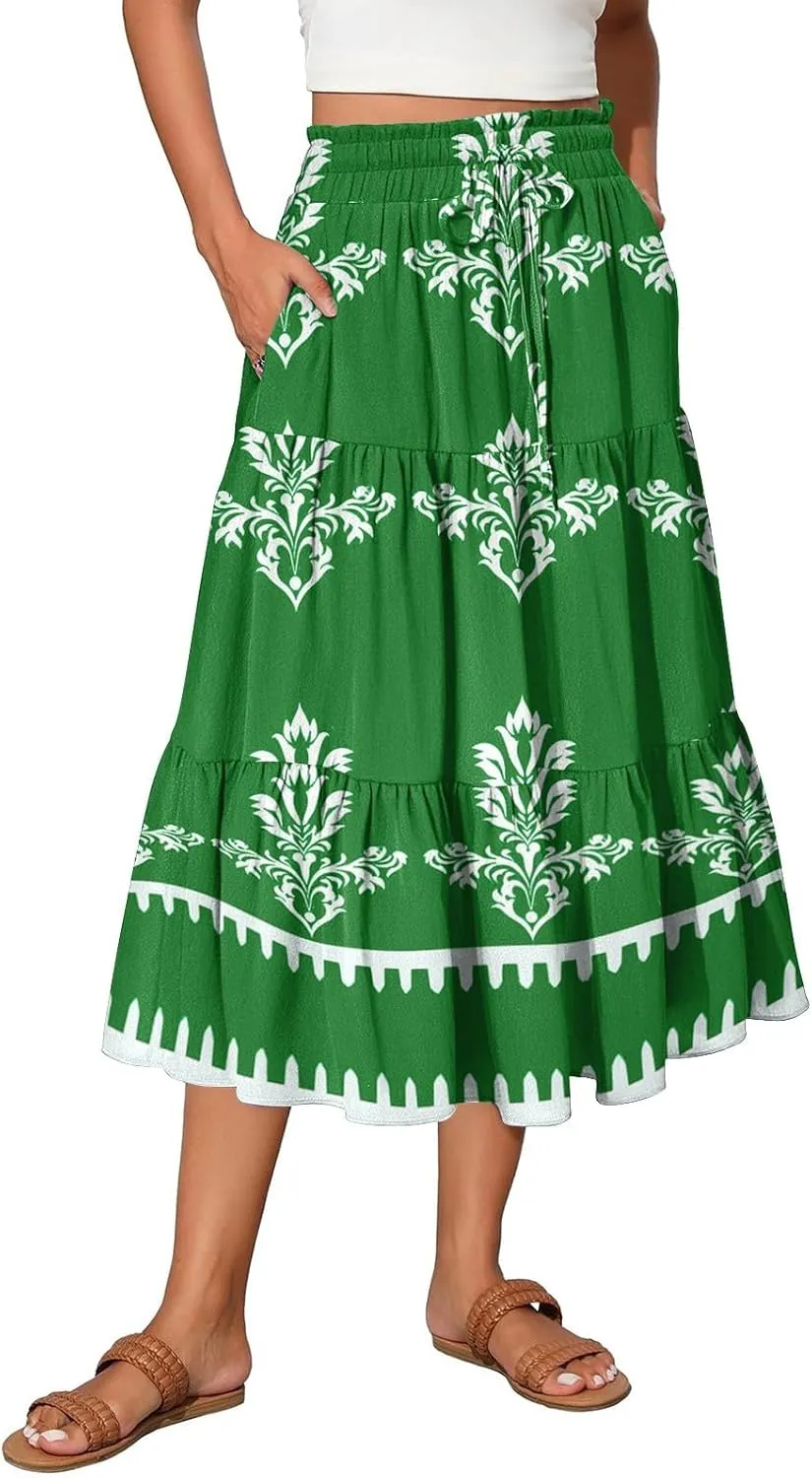 Midi Skirts for Women Boho Beach Flowy Floral Skirt Tiered Elastic High Waisted Skirts A Line Skirt with Pockets