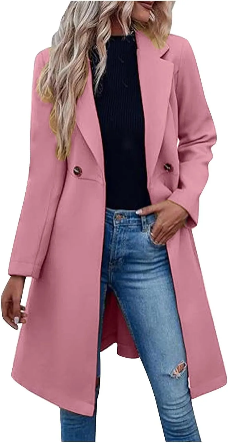 Pea Coats for Women Double-Breasted Wool Long Trench Coat Winter Lapel Collar Overcoat Windbreaker Jacket with Belt