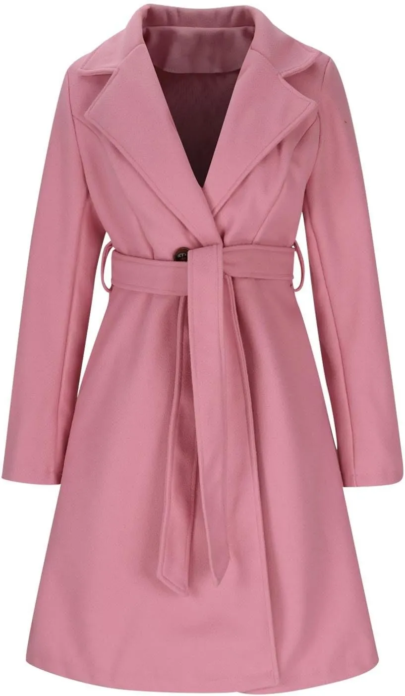 Pea Coats for Women Double-Breasted Wool Long Trench Coat Winter Lapel Collar Overcoat Windbreaker Jacket with Belt