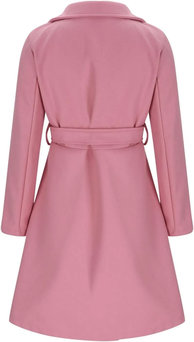 Pea Coats for Women Double-Breasted Wool Long Trench Coat Winter Lapel Collar Overcoat Windbreaker Jacket with Belt