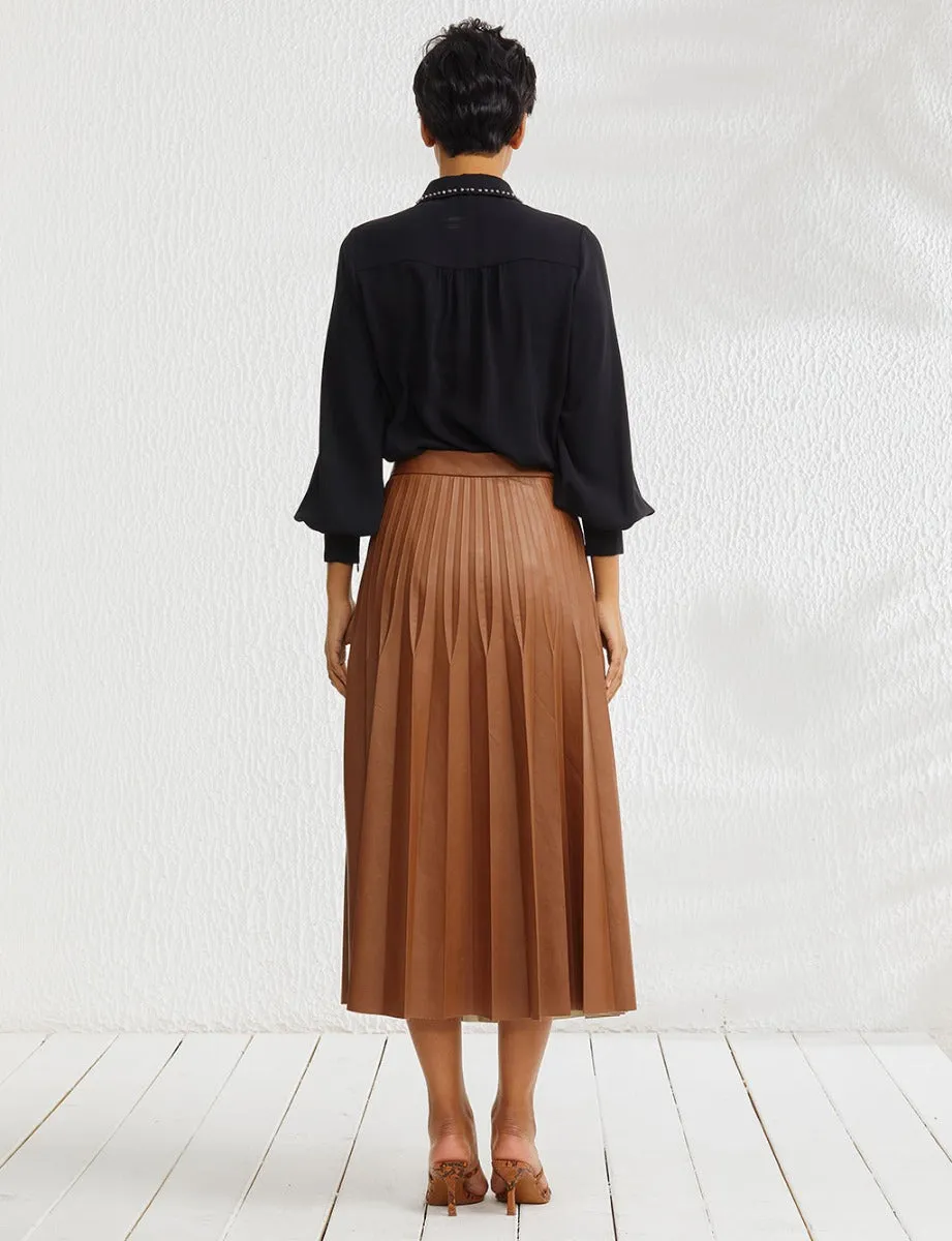 Pleated Leather Skirt Camel
