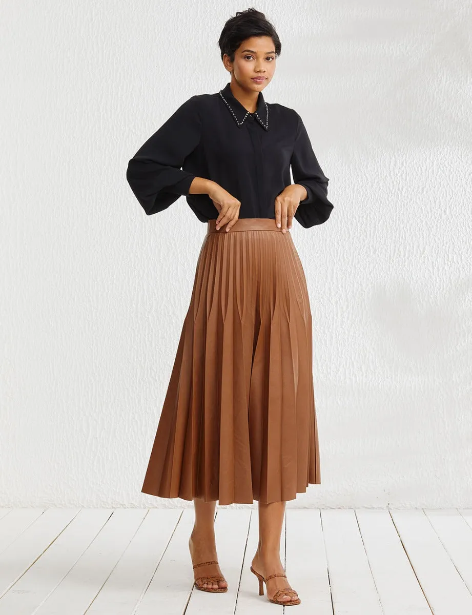 Pleated Leather Skirt Camel