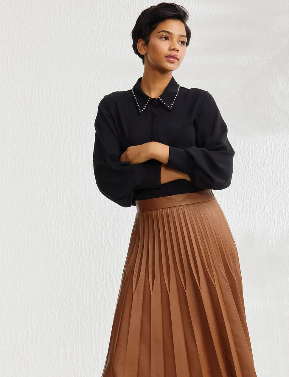 Pleated Leather Skirt Camel