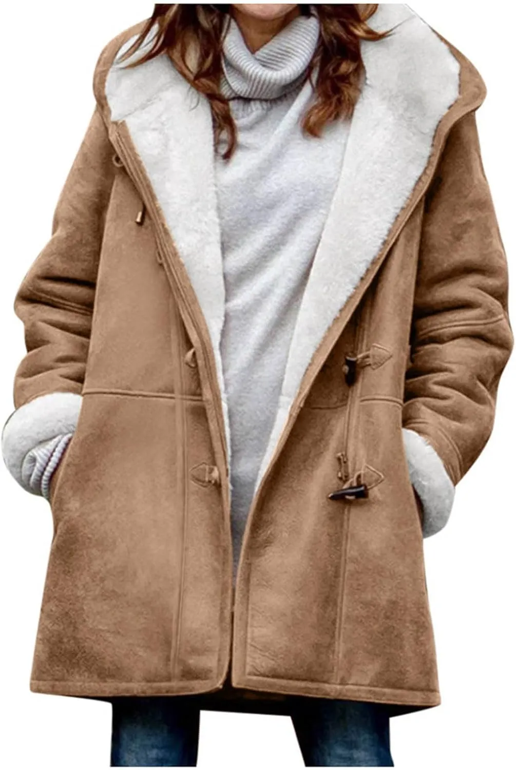 Plus Size Winter Coats for Women 2023 Warm Sherpa Fleece Lined Distressed Jackets Faux Suede Hooded Parka Outerwear