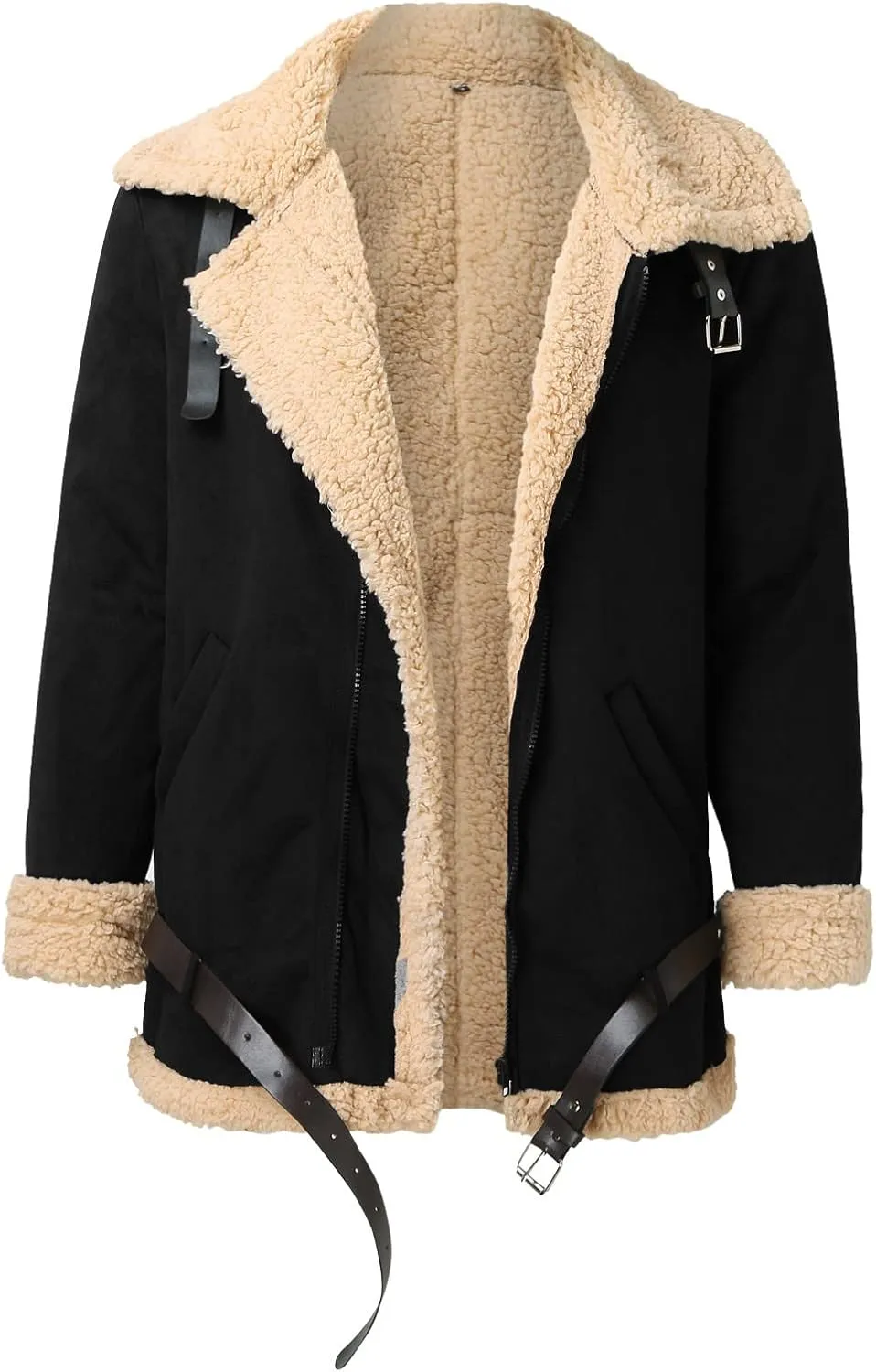 QWENTMTNTY Mens Vintage Sherpa Lined Faux Leather Jacket Heavyweight Plus Size Shearing Suede Coat Winter Bomber Jackets