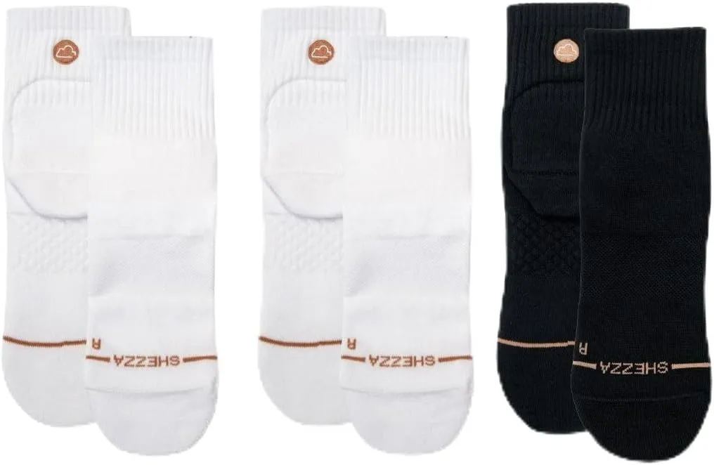 SHEZZA 3 pack- 2 White & 1 Black Anti-Blister Cushioned Heel Padded Quarter Sock Bundle- Size Medium