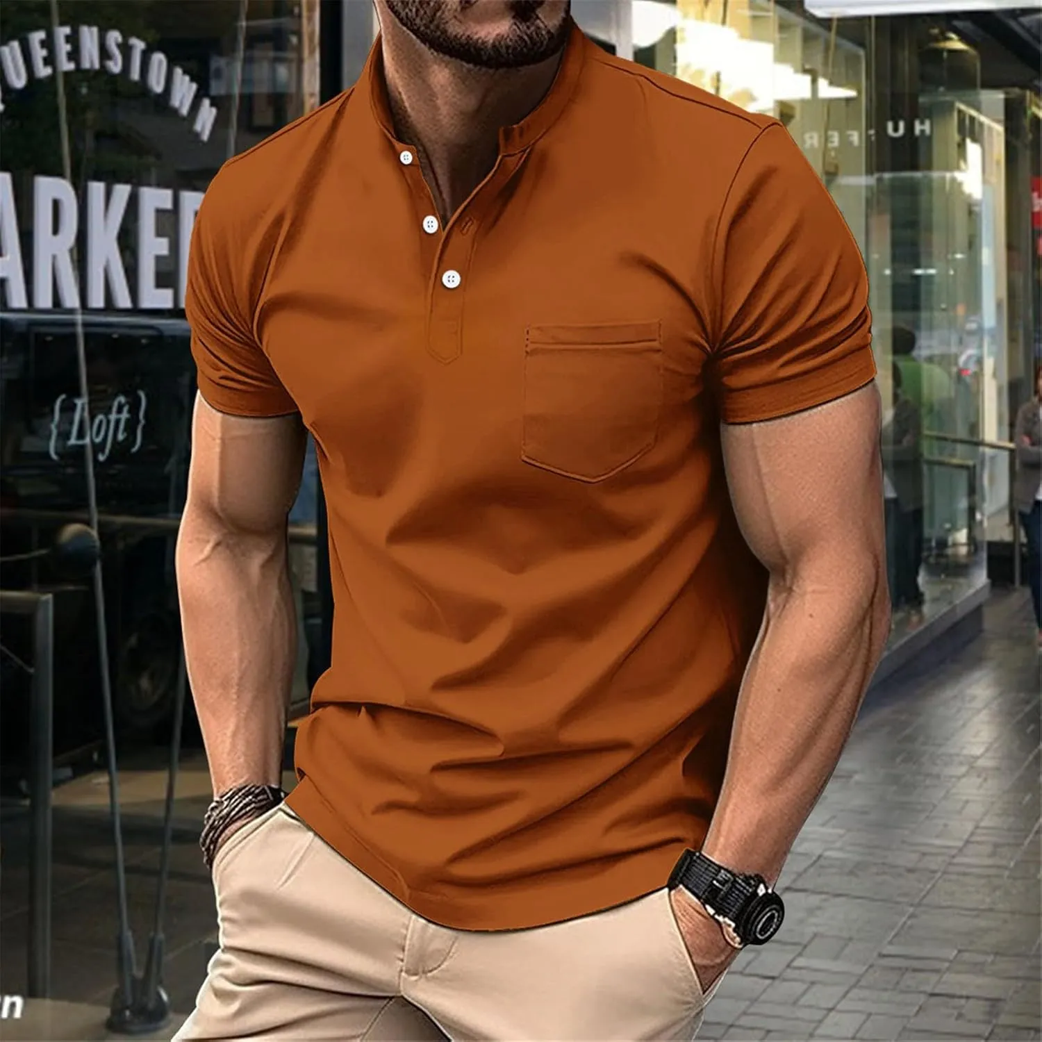 Short Sleeve Muscle Henley T-Shirts for Men Casual Cotton Gym Workout Athletic V Neck Tees Quick Dry Summer Work Polo Shirts