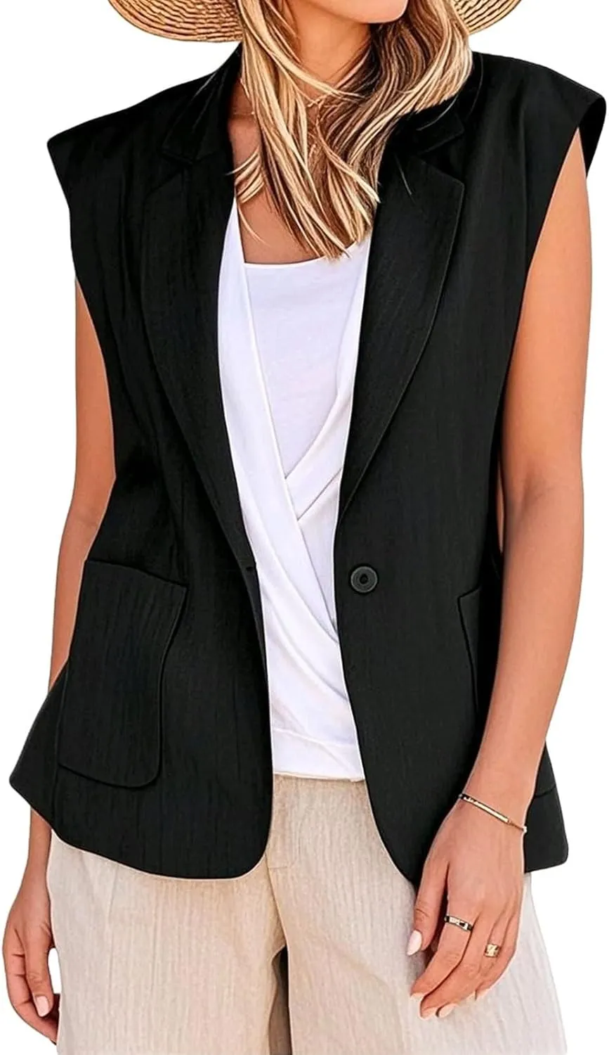 Sleeveless Blazers for Women Summer Casual Open Front Work Office Tops Solid Color Lapel Button Lightweight Jackets