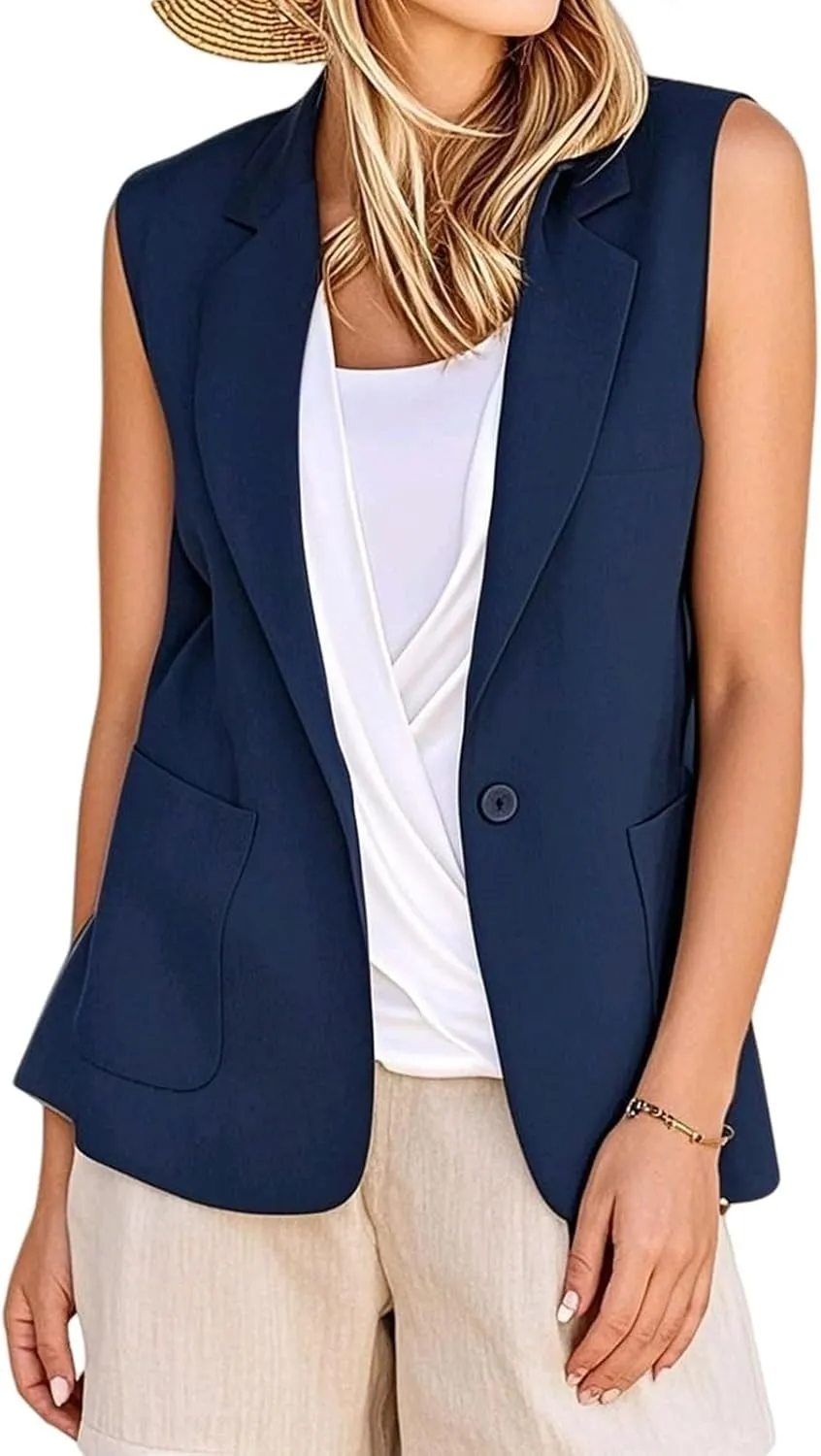 Sleeveless Blazers for Women Summer Casual Open Front Work Office Tops Solid Color Lapel Button Lightweight Jackets